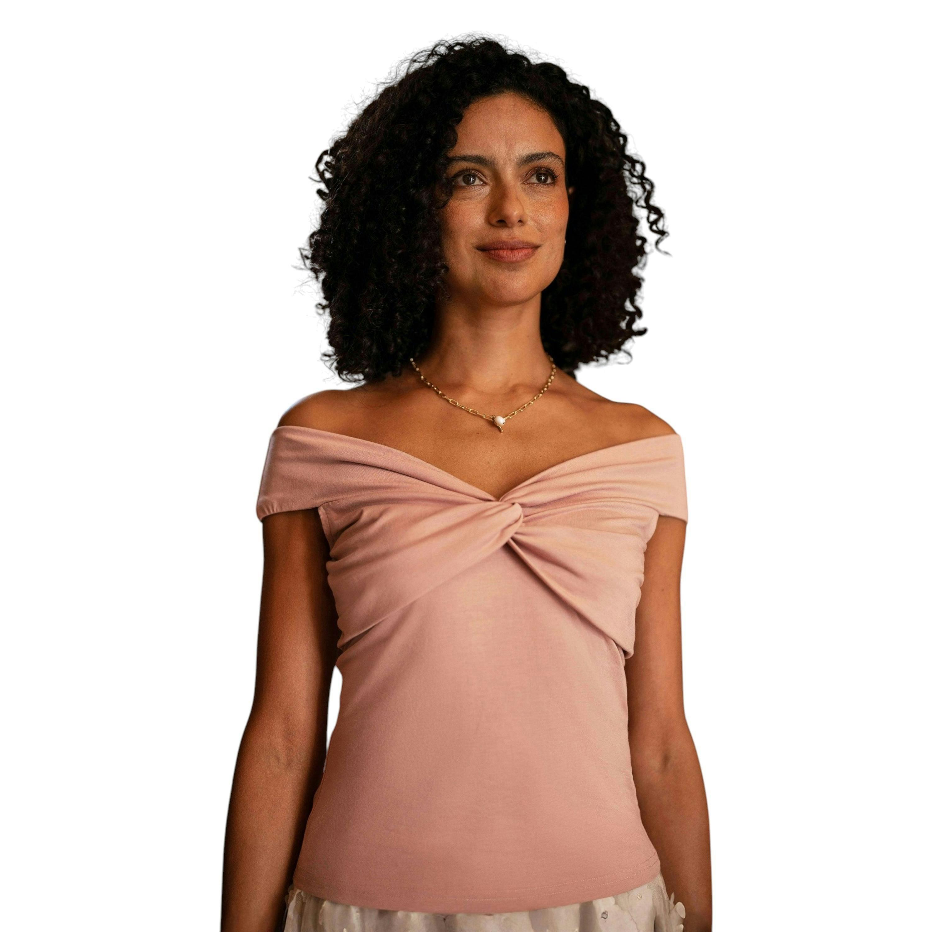 Yumi Blush Jersey Cotton Bardot Top With Knot Detail , view 1 of 5