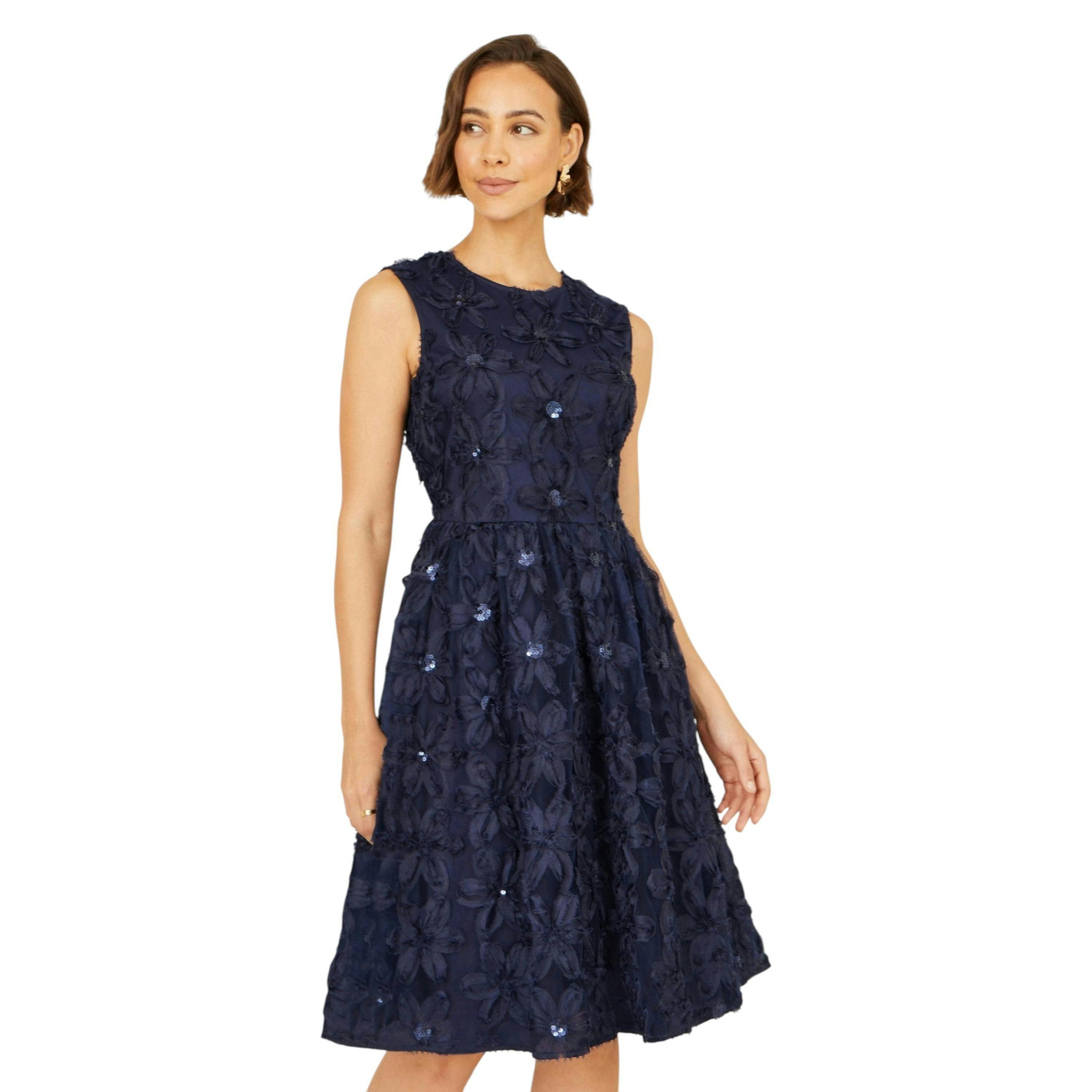 Yumi Navy Sequin Floral Applique Skater Dress , view 1 of 6
