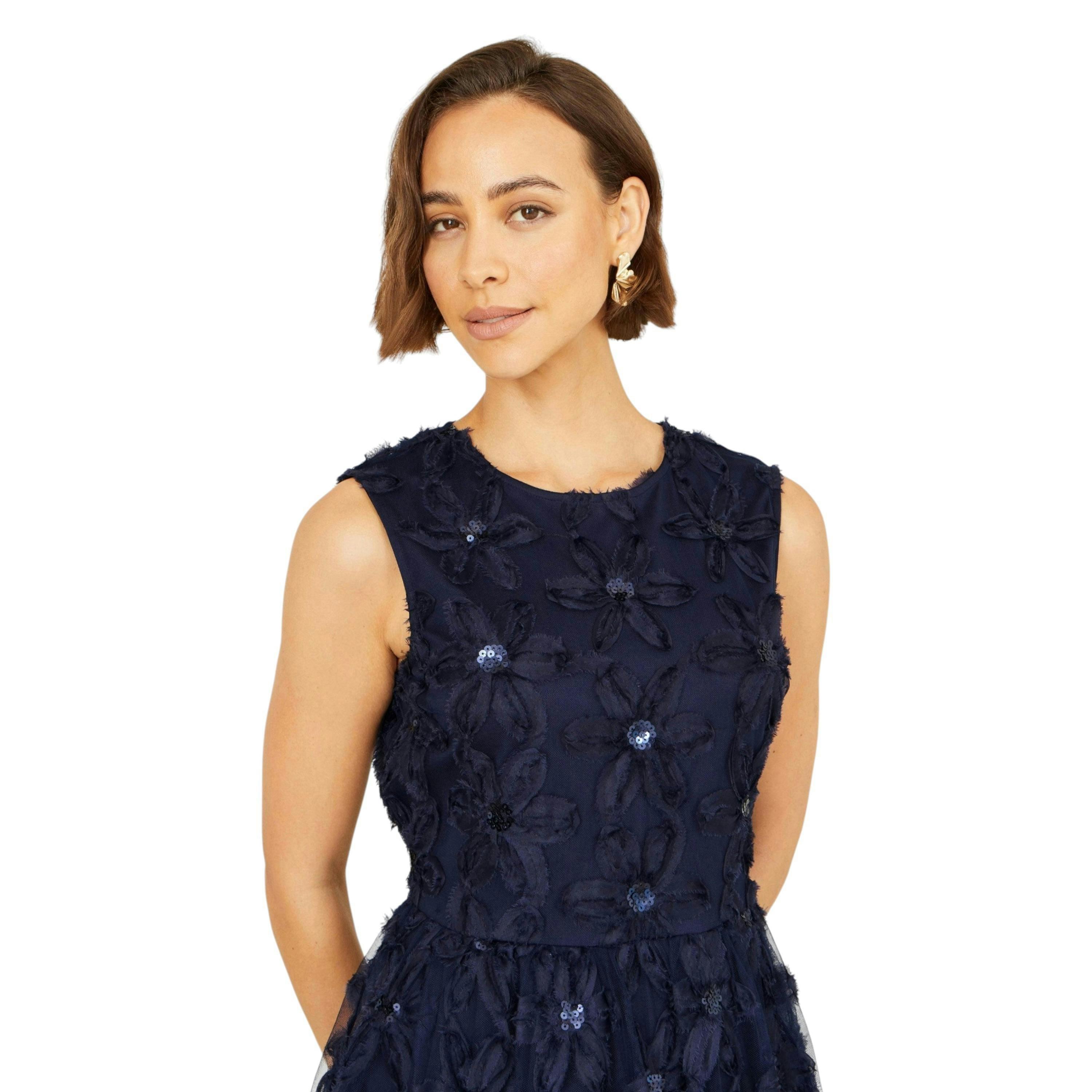 Yumi Navy Sequin Floral Applique Skater Dress , view 2 of 6
