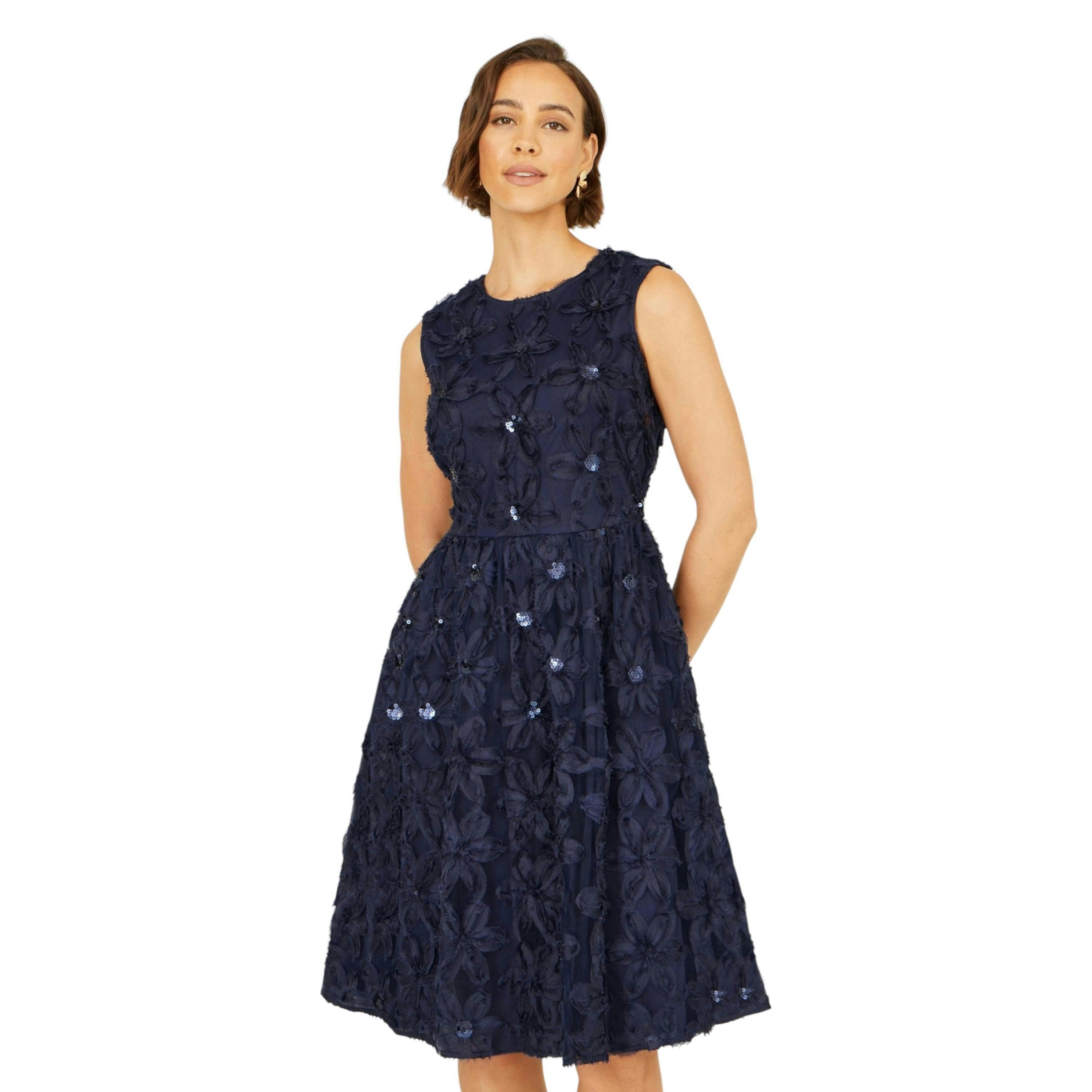 Yumi Navy Sequin Floral Applique Skater Dress , view 3 of 6