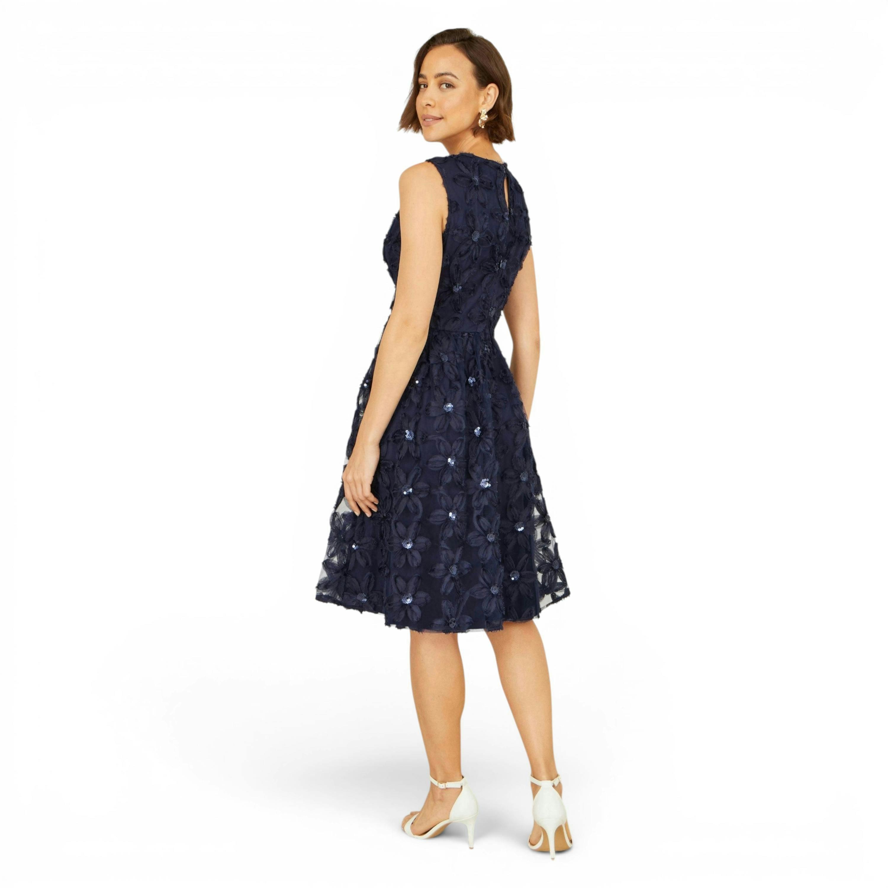 Yumi Navy Sequin Floral Applique Skater Dress , view 4 of 6