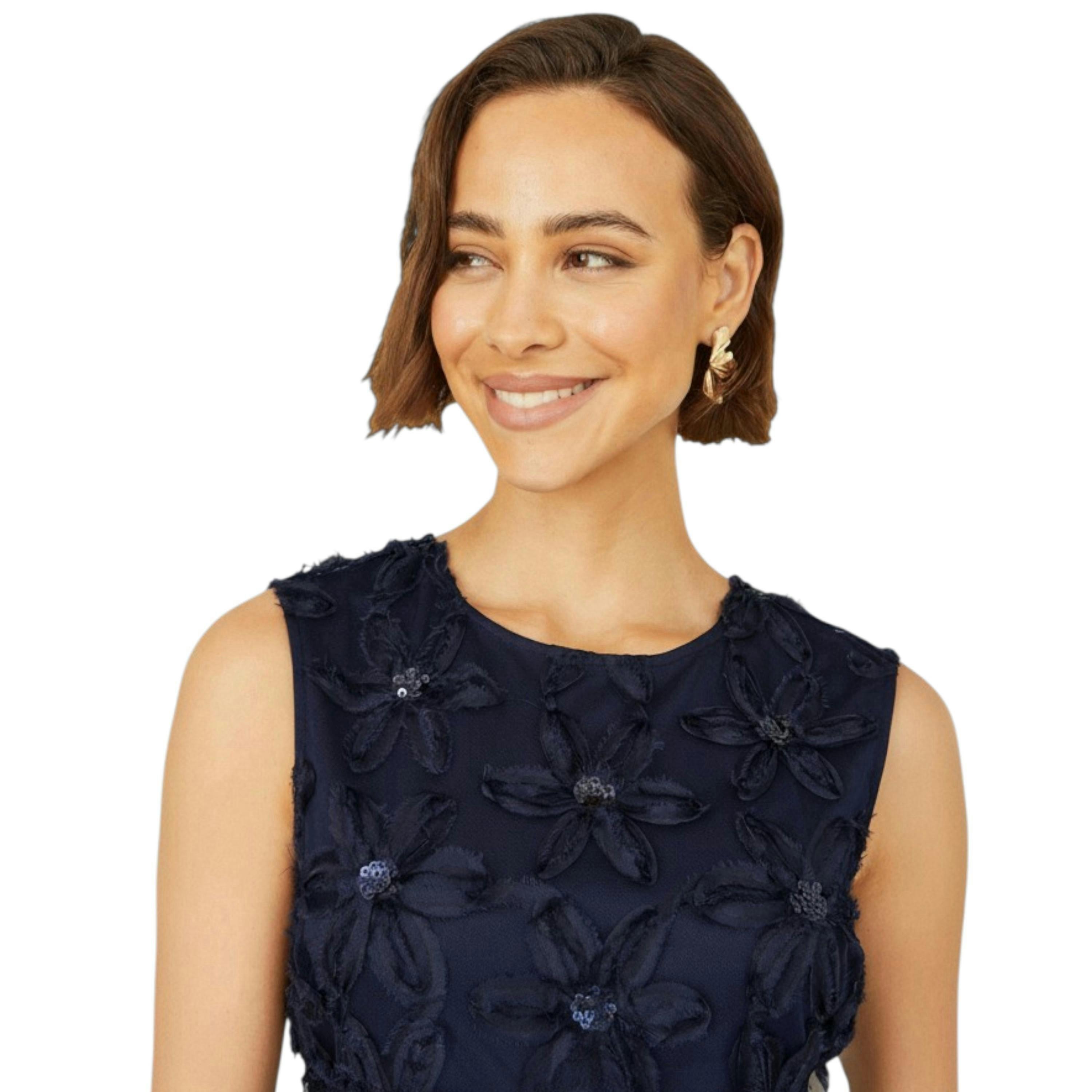 Yumi Navy Sequin Floral Applique Skater Dress , view 5 of 6