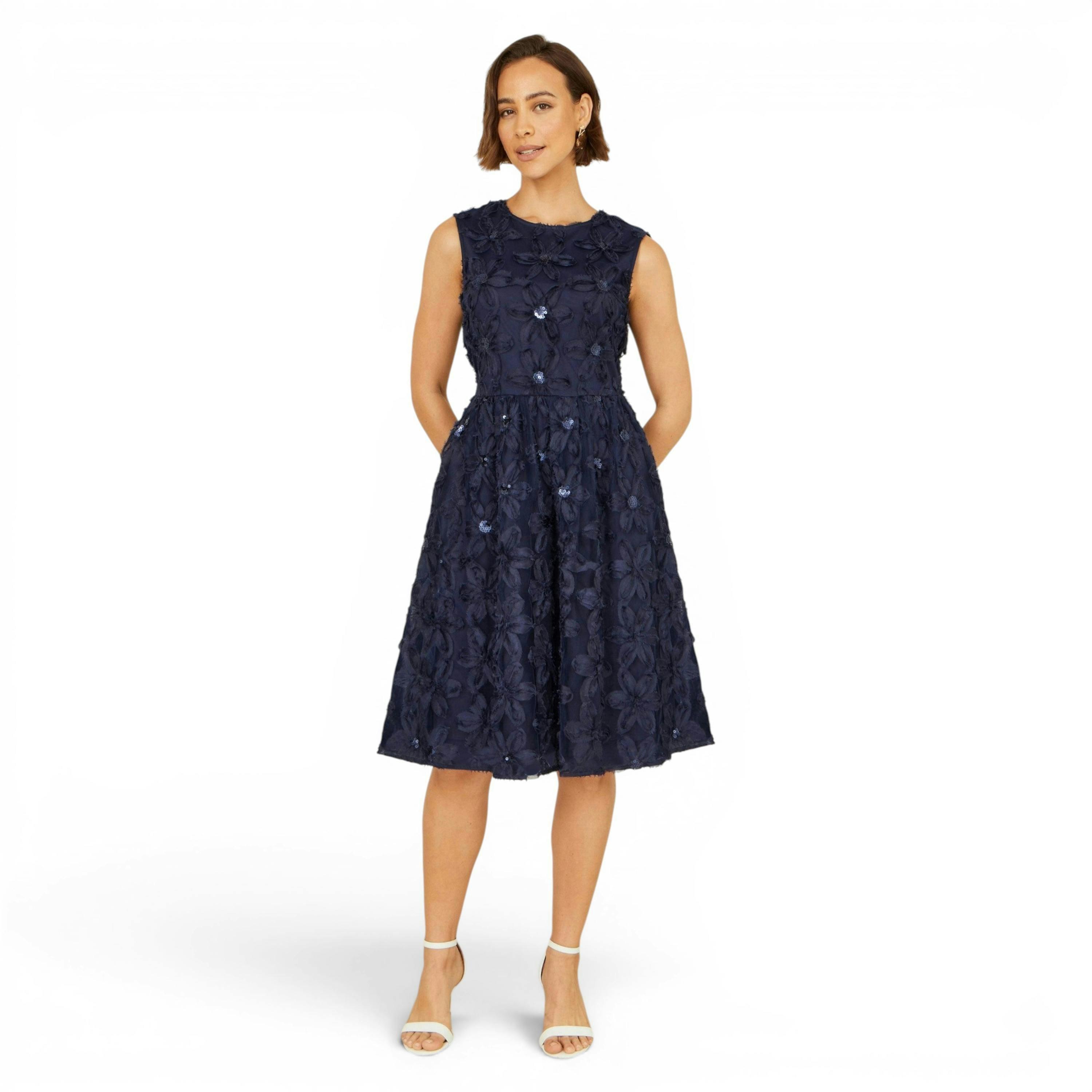 Yumi Navy Sequin Floral Applique Skater Dress , view 6 of 6