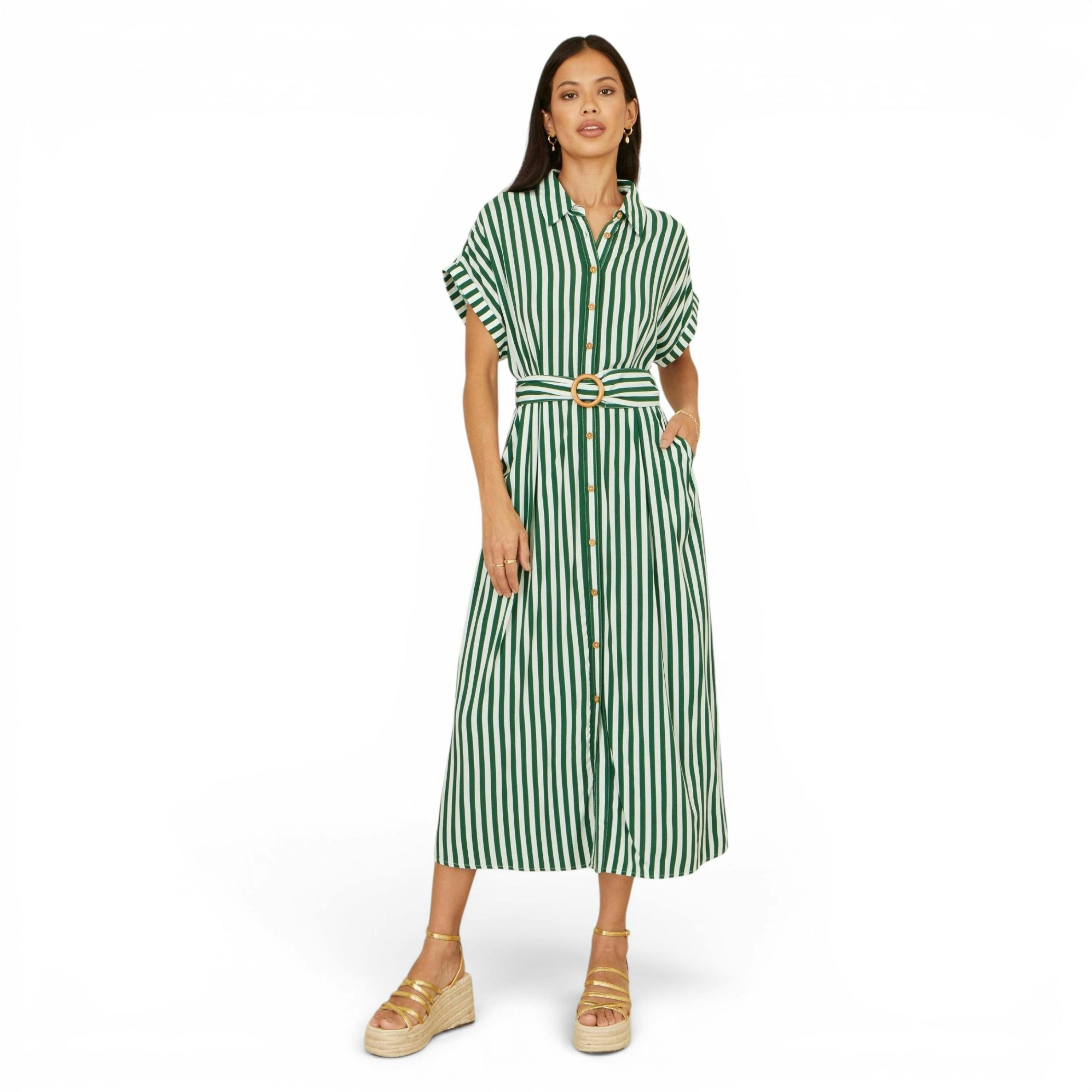 Yumi Green Stripe Print Relaxed Midi Shirt Dress With Belt , view 1 of 6