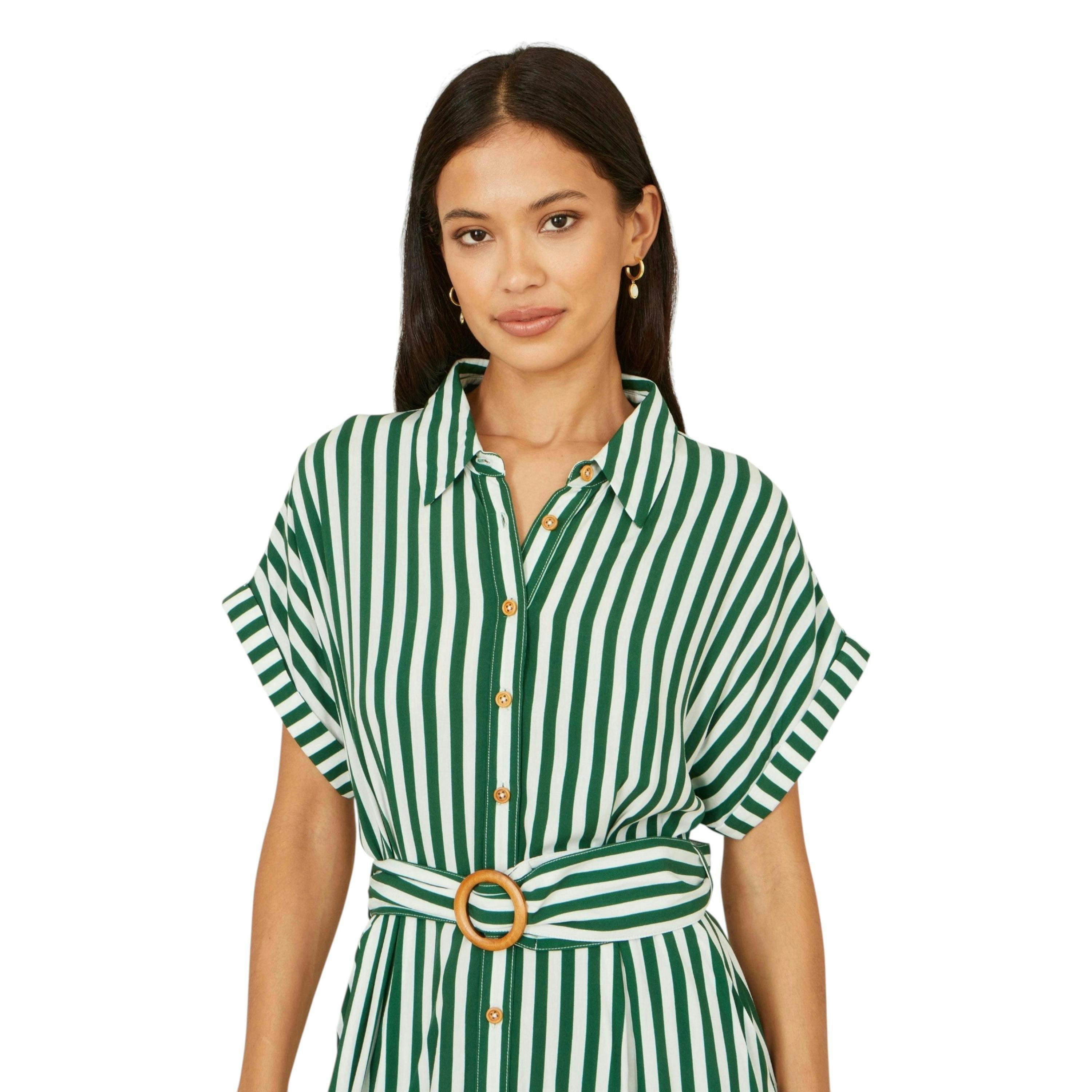 Yumi Green Stripe Print Relaxed Midi Shirt Dress With Belt , view 2 of 6