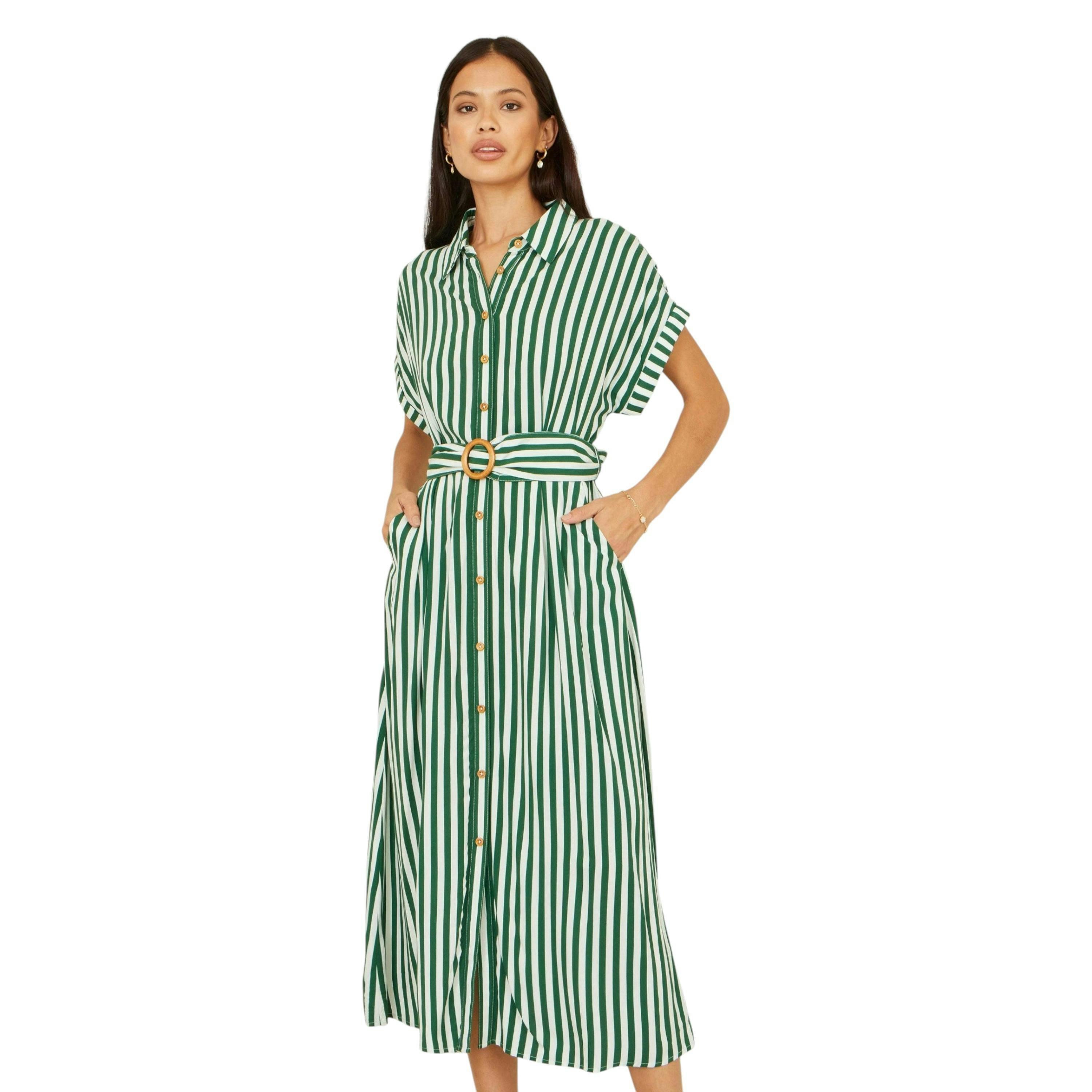 Yumi Green Stripe Print Relaxed Midi Shirt Dress With Belt , view 3 of 6