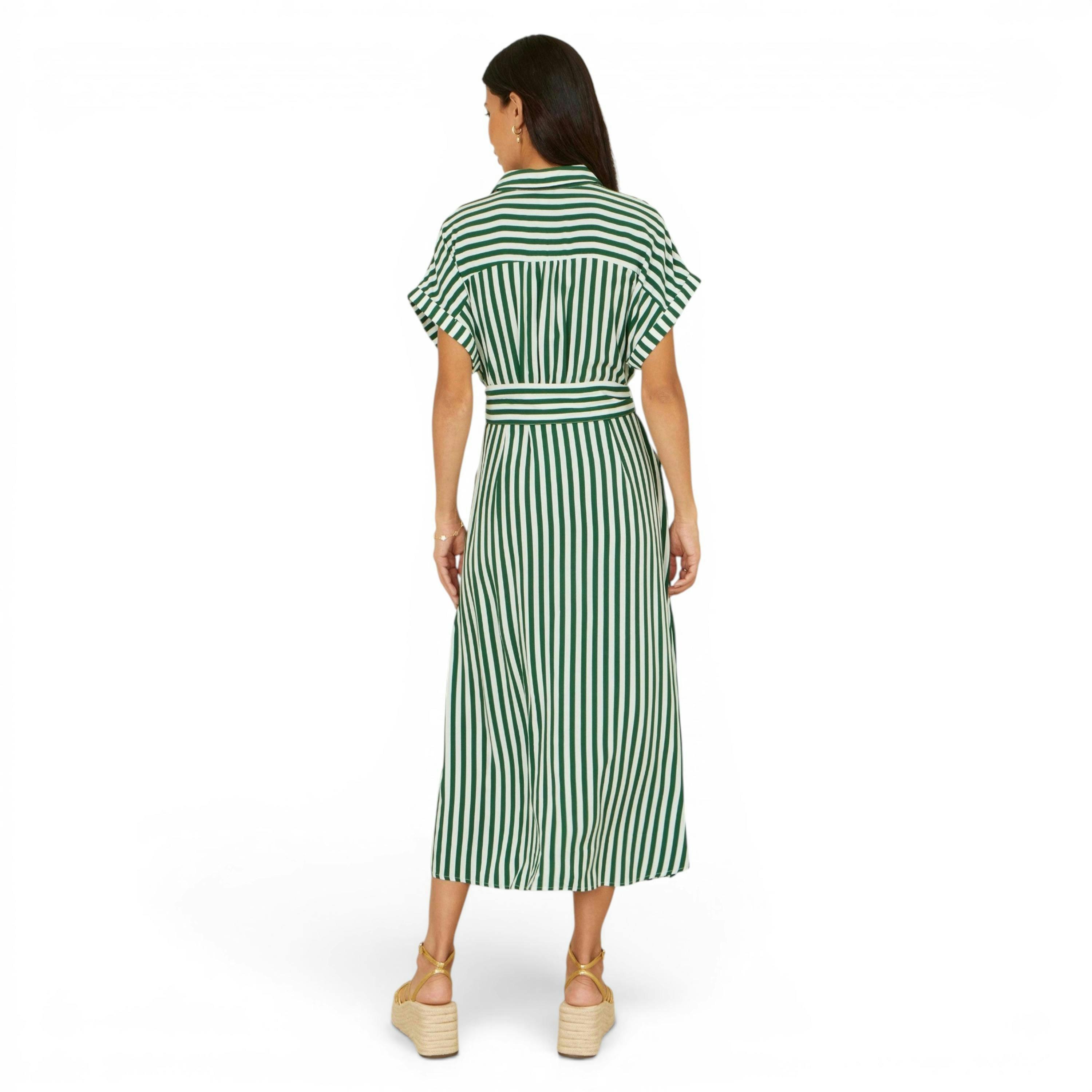 Yumi Green Stripe Print Relaxed Midi Shirt Dress With Belt , view 4 of 6