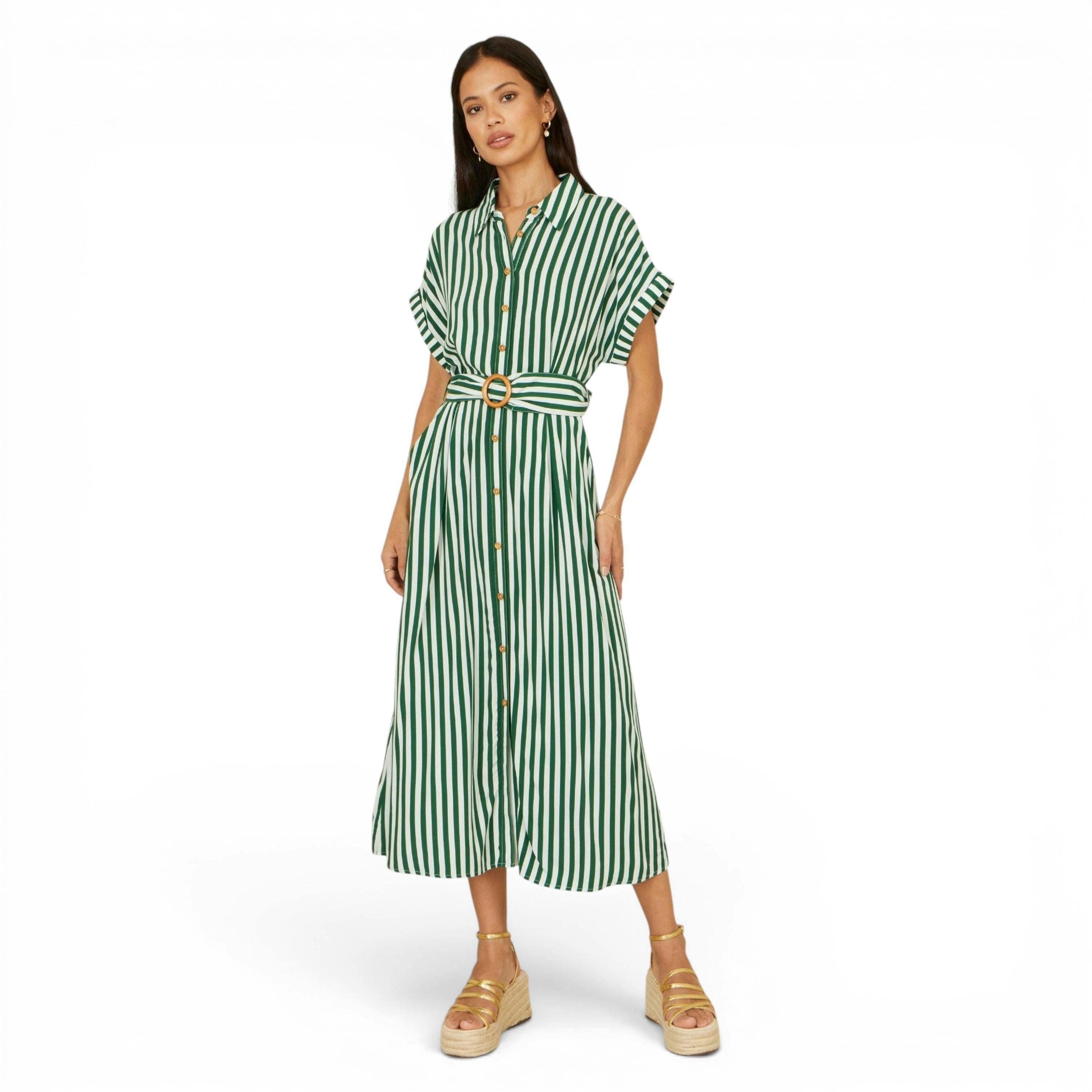 Yumi Green Stripe Print Relaxed Midi Shirt Dress With Belt , view 5 of 6