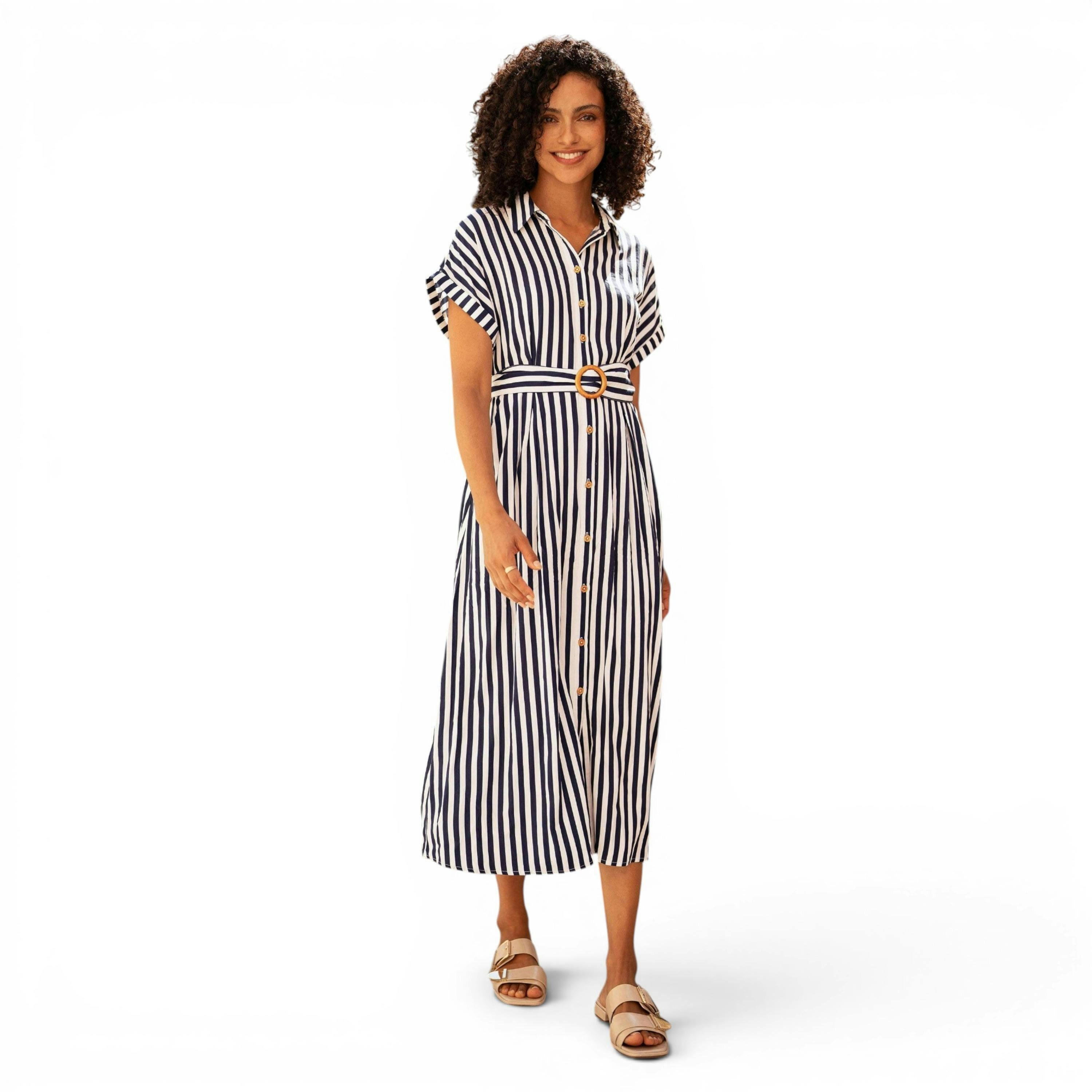 Yumi Navy Stripe Print Relaxed Midi Shirt Dress With Belt , view 1 of 6