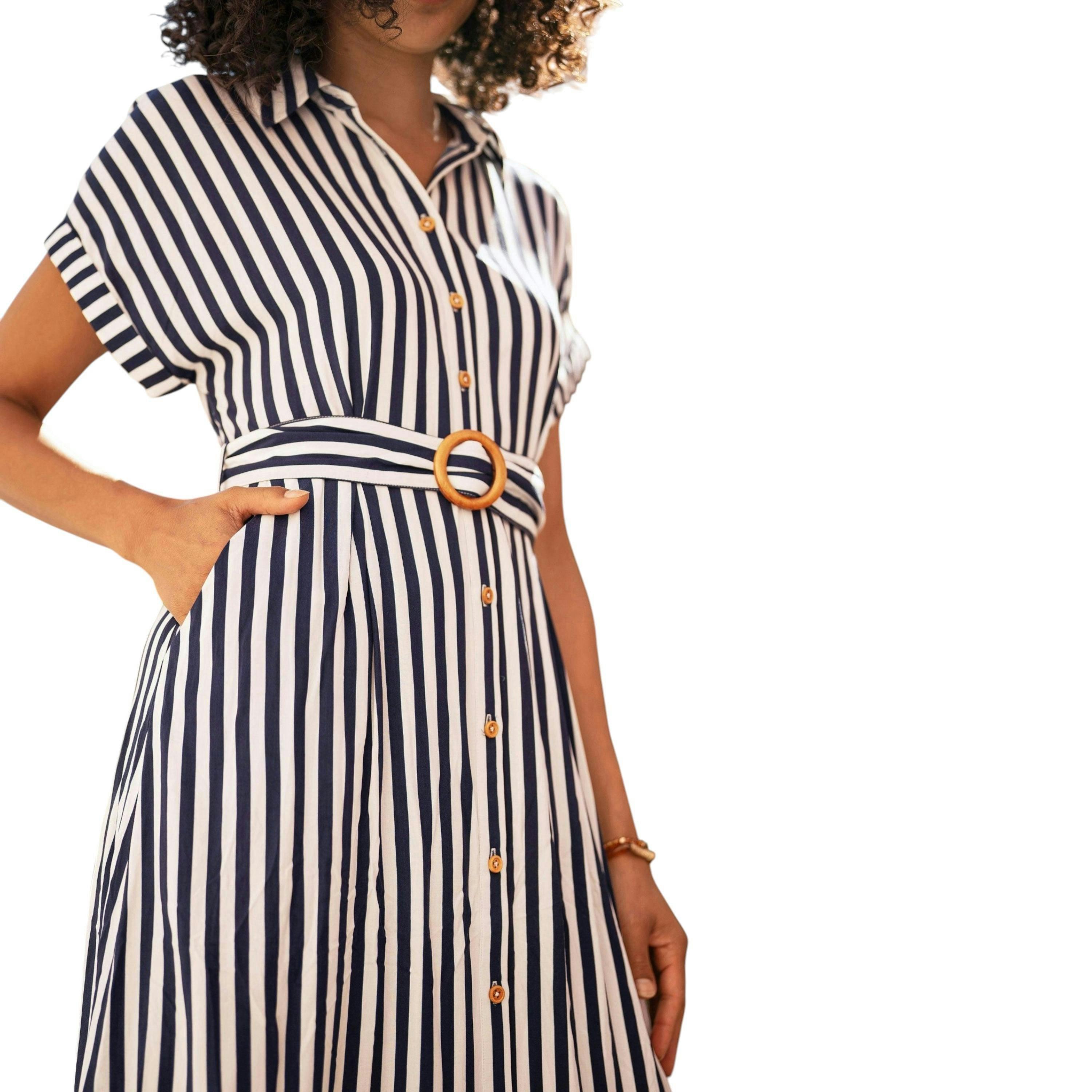 Yumi Navy Stripe Print Relaxed Midi Shirt Dress With Belt , view 2 of 6