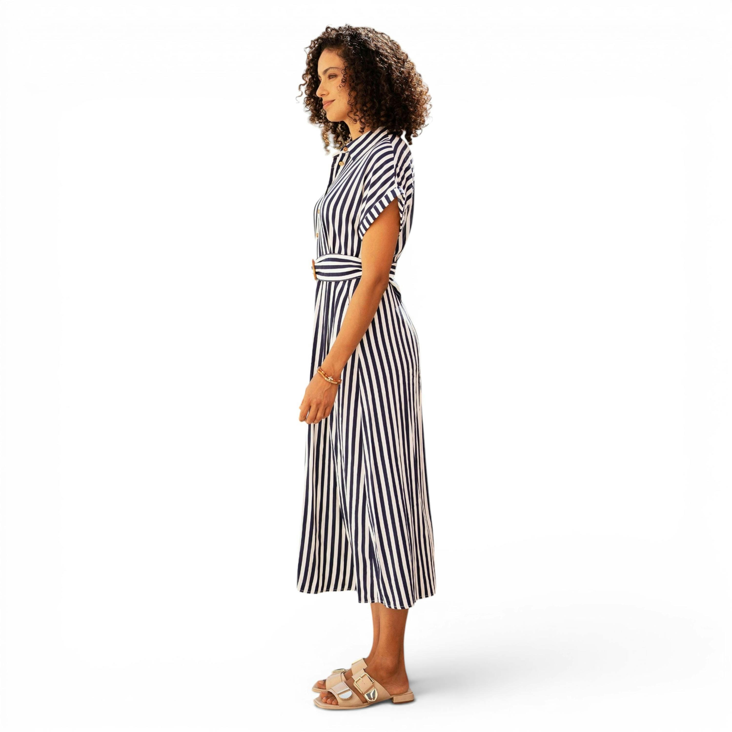Yumi Navy Stripe Print Relaxed Midi Shirt Dress With Belt , view 3 of 6