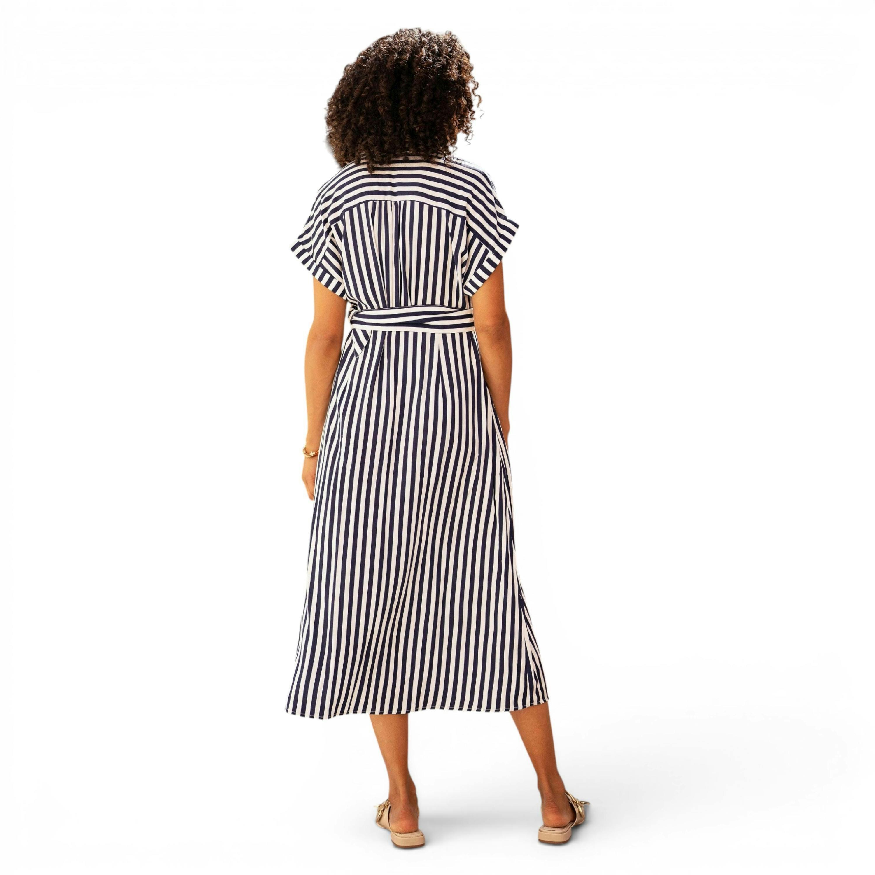 Yumi Navy Stripe Print Relaxed Midi Shirt Dress With Belt , view 4 of 6