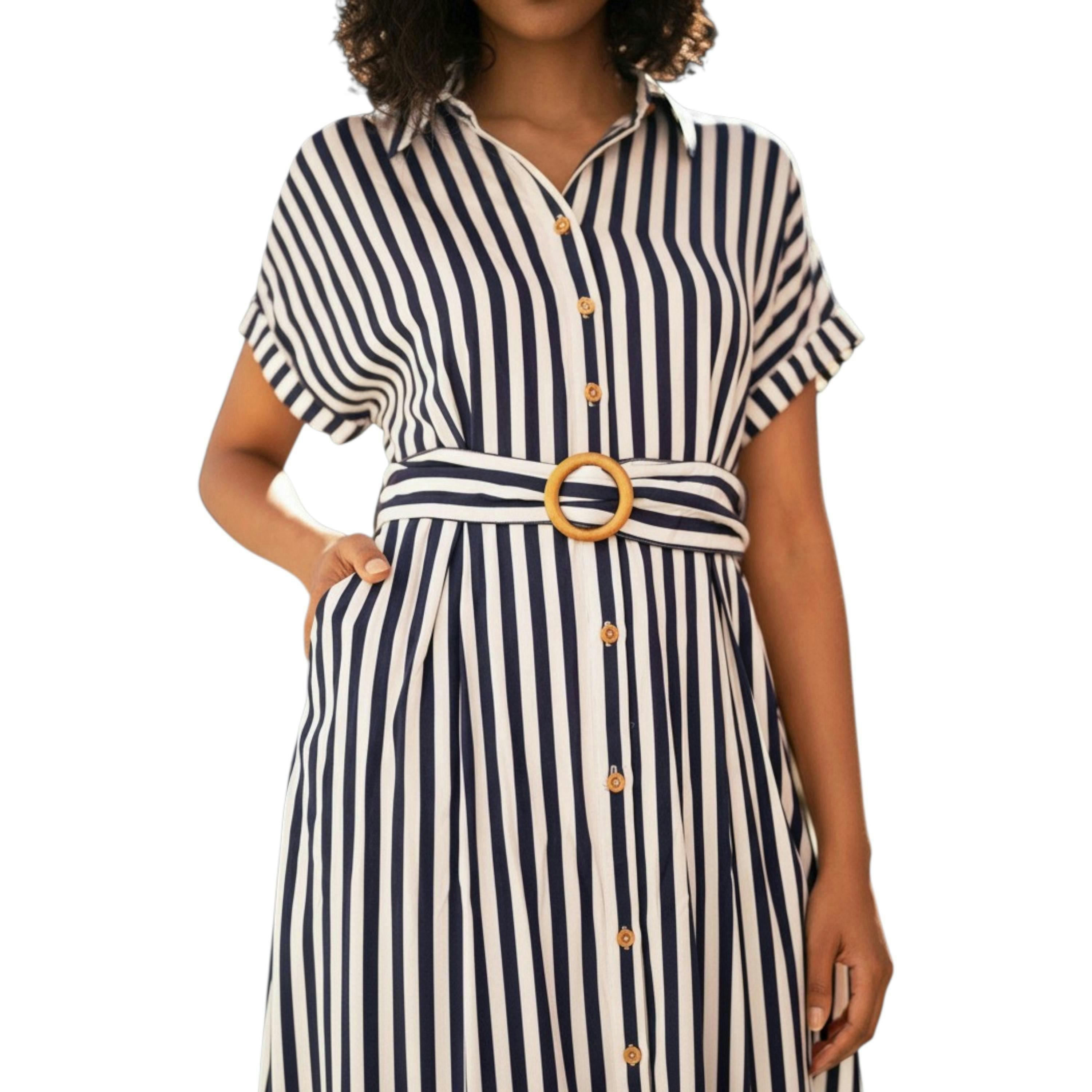 Yumi Navy Stripe Print Relaxed Midi Shirt Dress With Belt , view 5 of 6