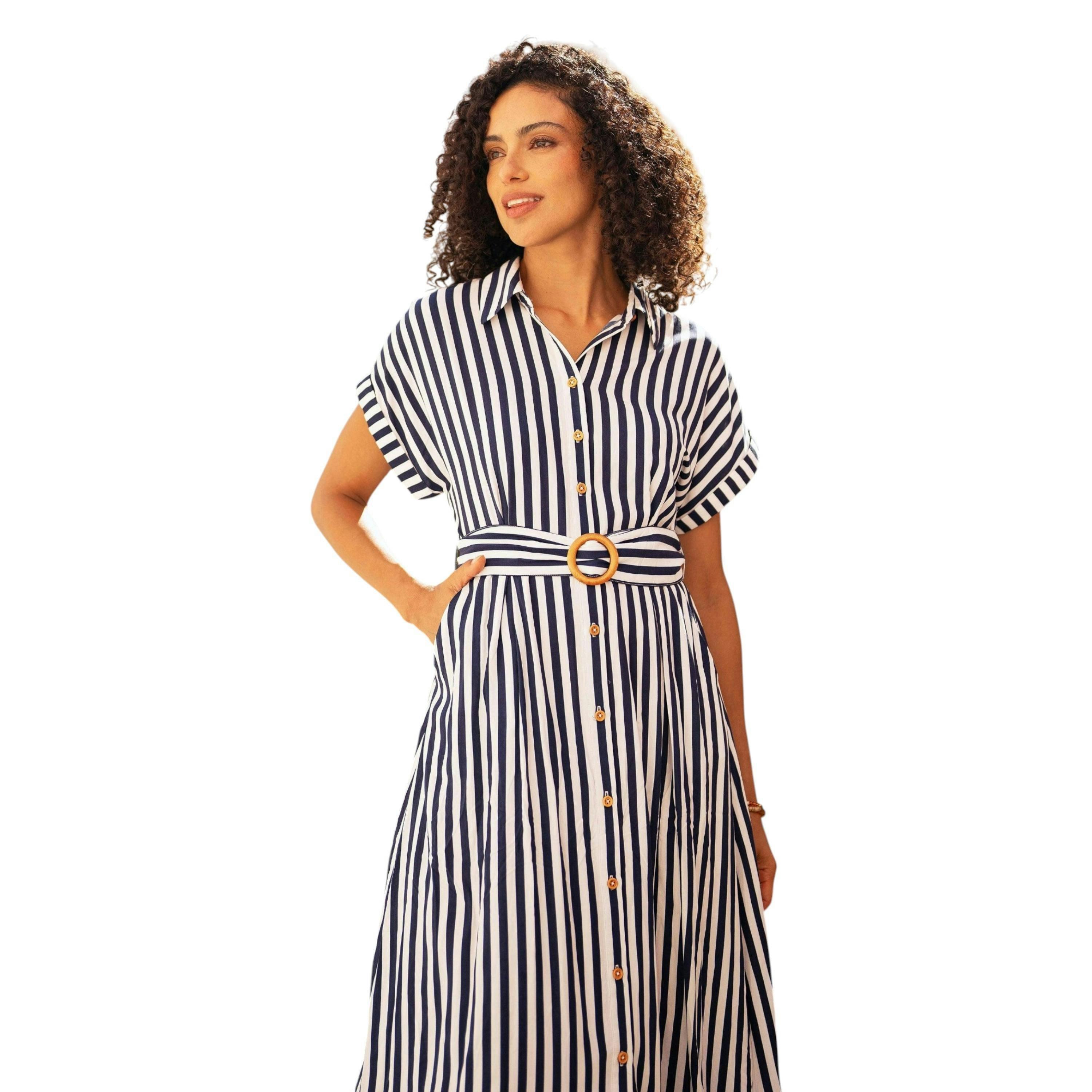Yumi Navy Stripe Print Relaxed Midi Shirt Dress With Belt , view 6 of 6