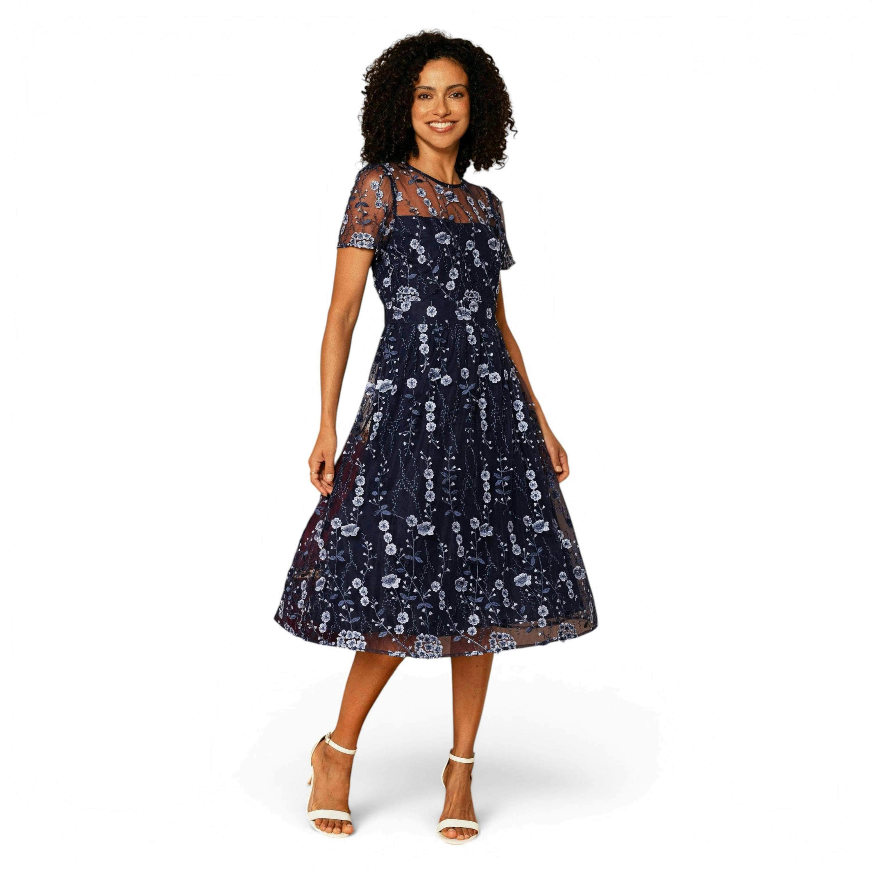 Yumi Navy Embroidered Mesh Midi Dress , view 1 of 6