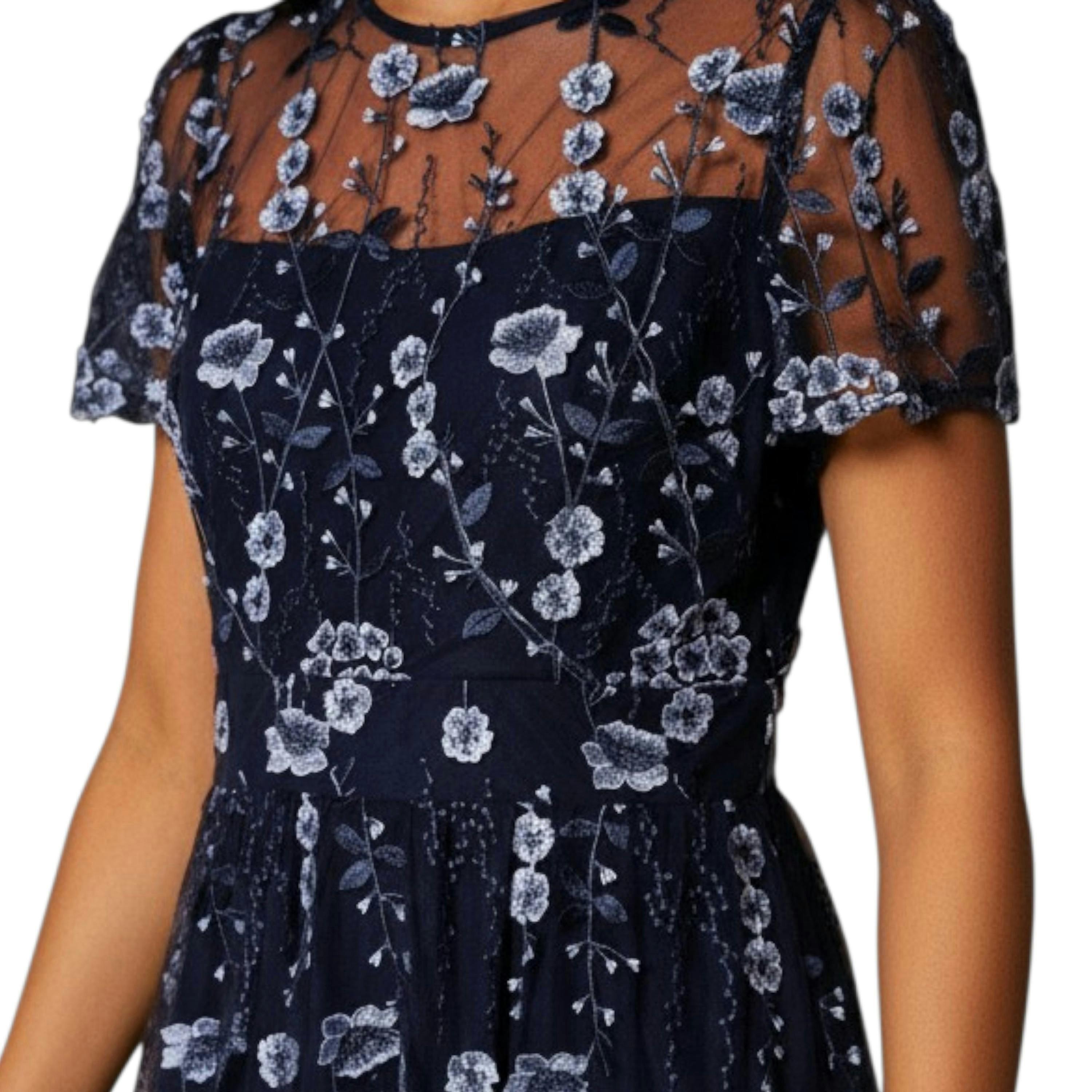 Yumi Navy Embroidered Mesh Midi Dress , view 2 of 6