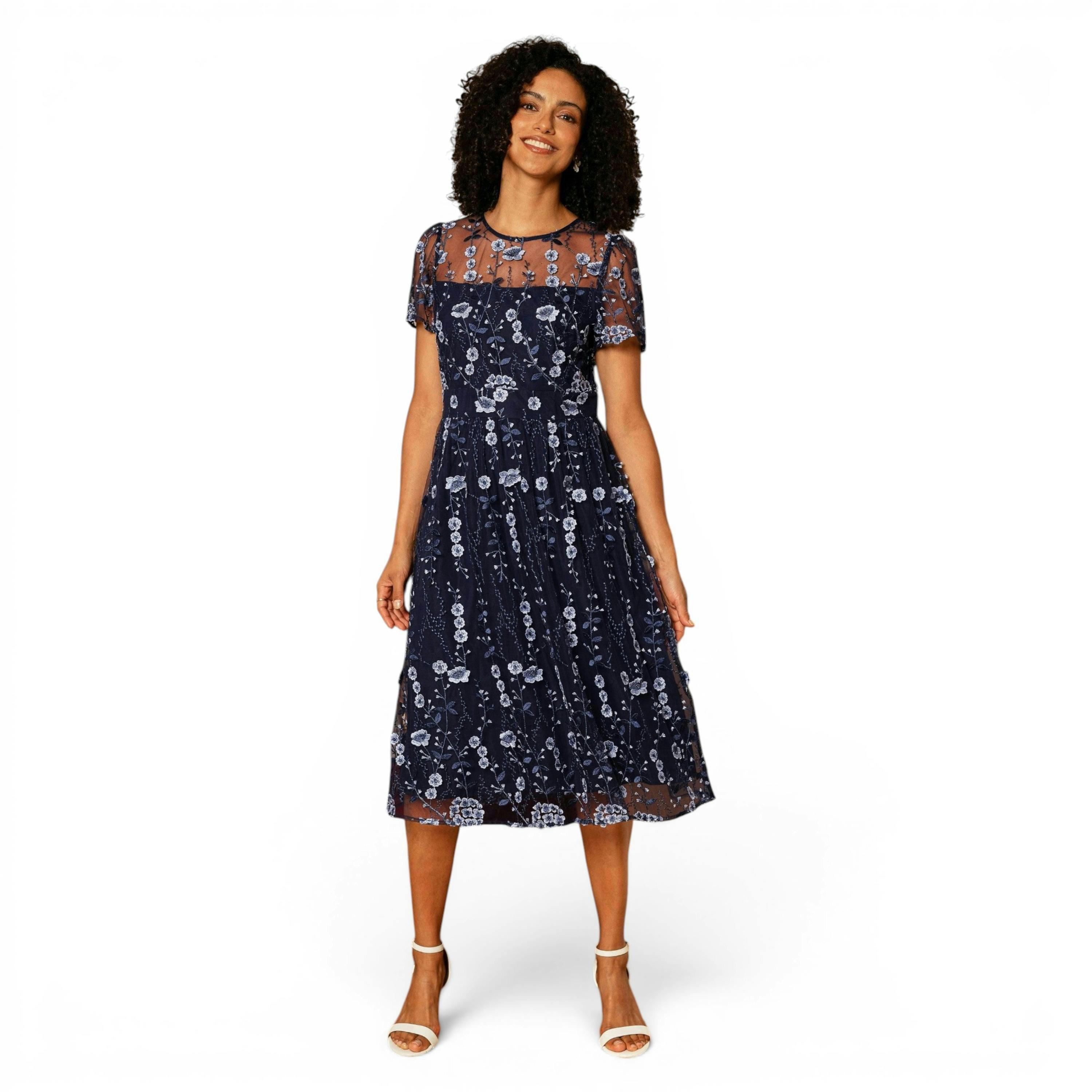 Yumi Navy Embroidered Mesh Midi Dress , view 3 of 6