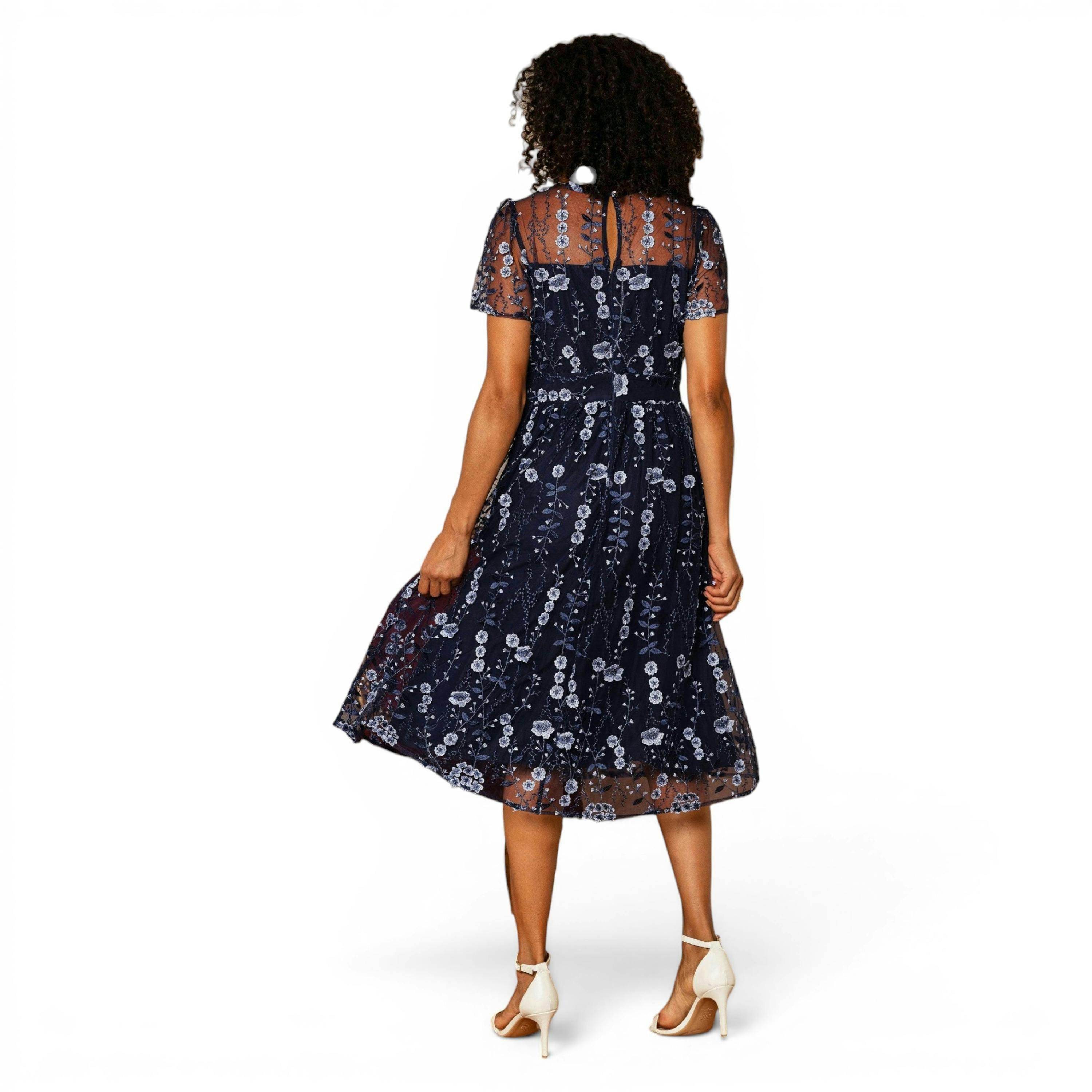 Yumi Navy Embroidered Mesh Midi Dress , view 4 of 6