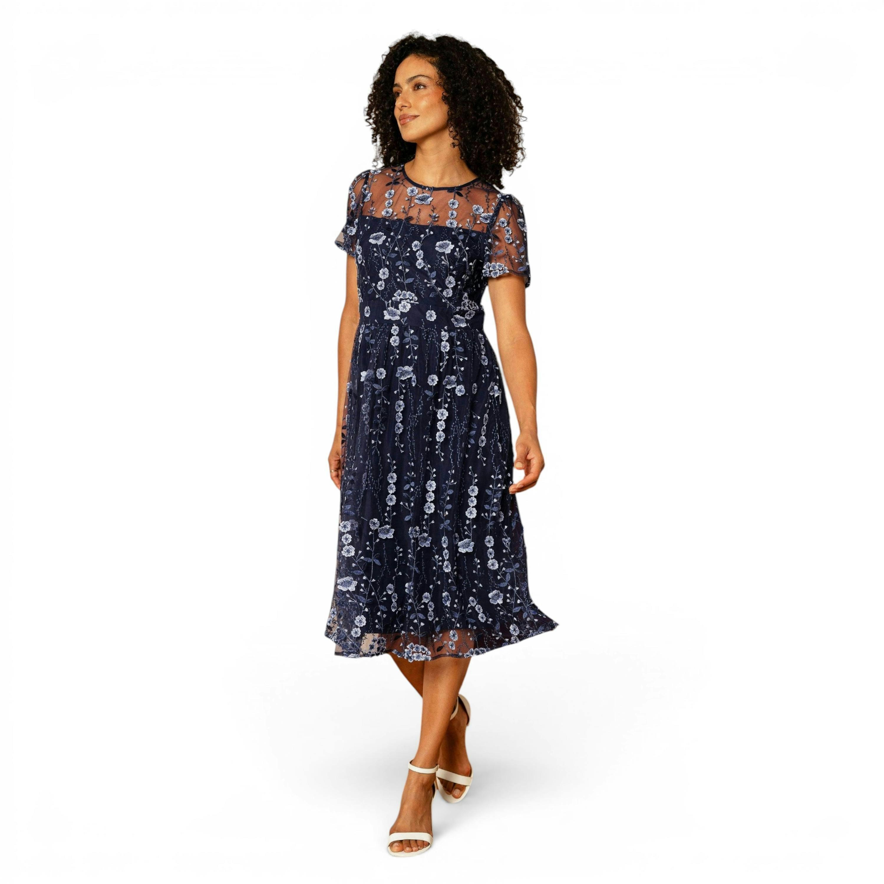 Yumi Navy Embroidered Mesh Midi Dress , view 5 of 6