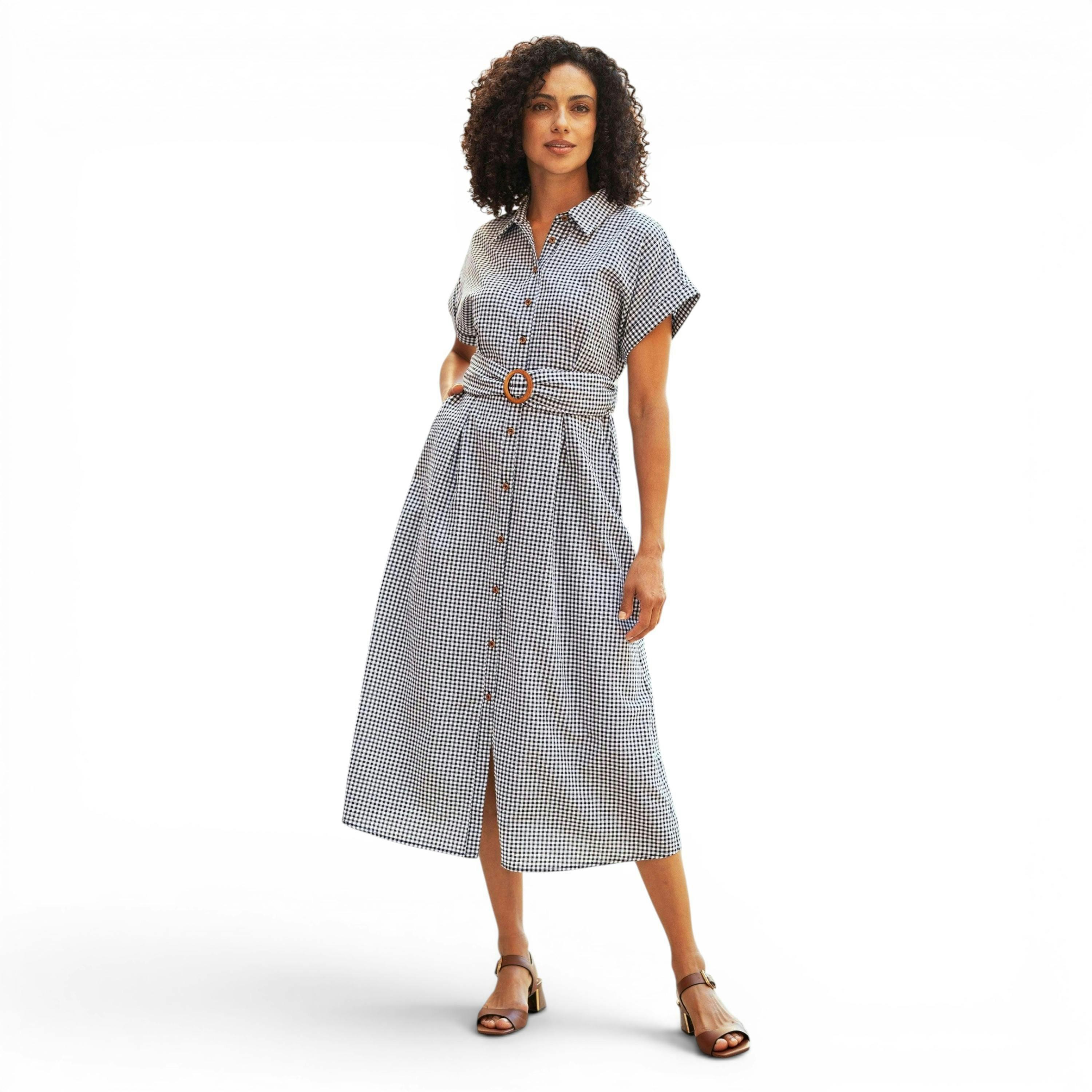 Yumi Black Gingham Relaxed Shirt Dress With Matching Belt , view 6 of 6