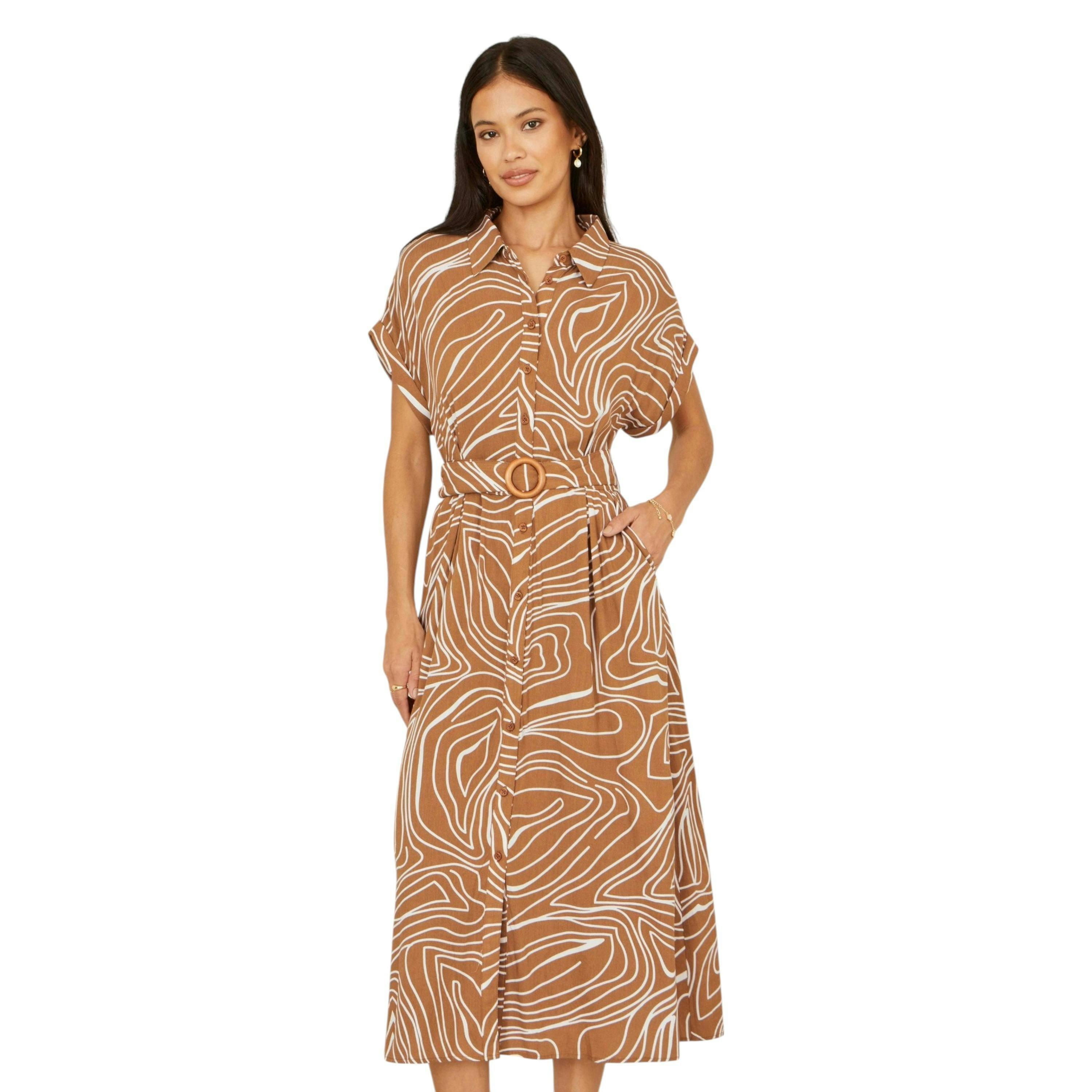 Yumi Brown Abstract Swirl Print Relaxed Midi Shirt Dress With Belt , view 1 of 6