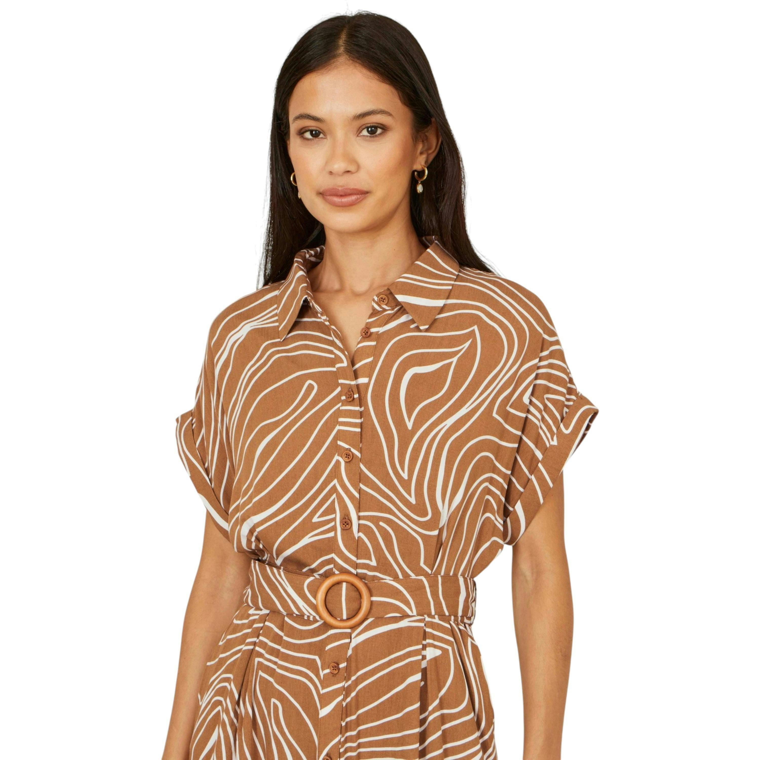 Yumi Brown Abstract Swirl Print Relaxed Midi Shirt Dress With Belt , view 2 of 6