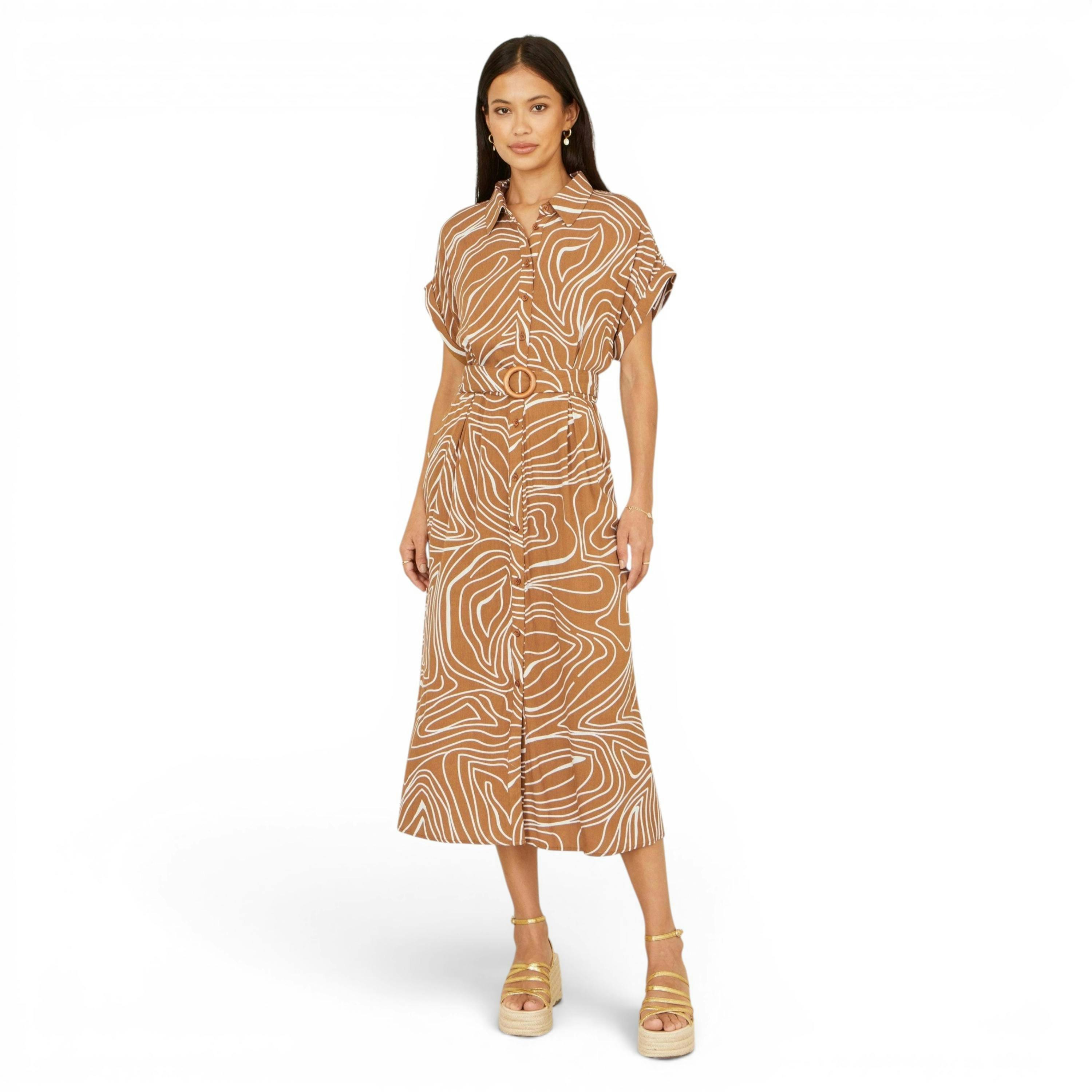 Yumi Brown Abstract Swirl Print Relaxed Midi Shirt Dress With Belt , view 3 of 6