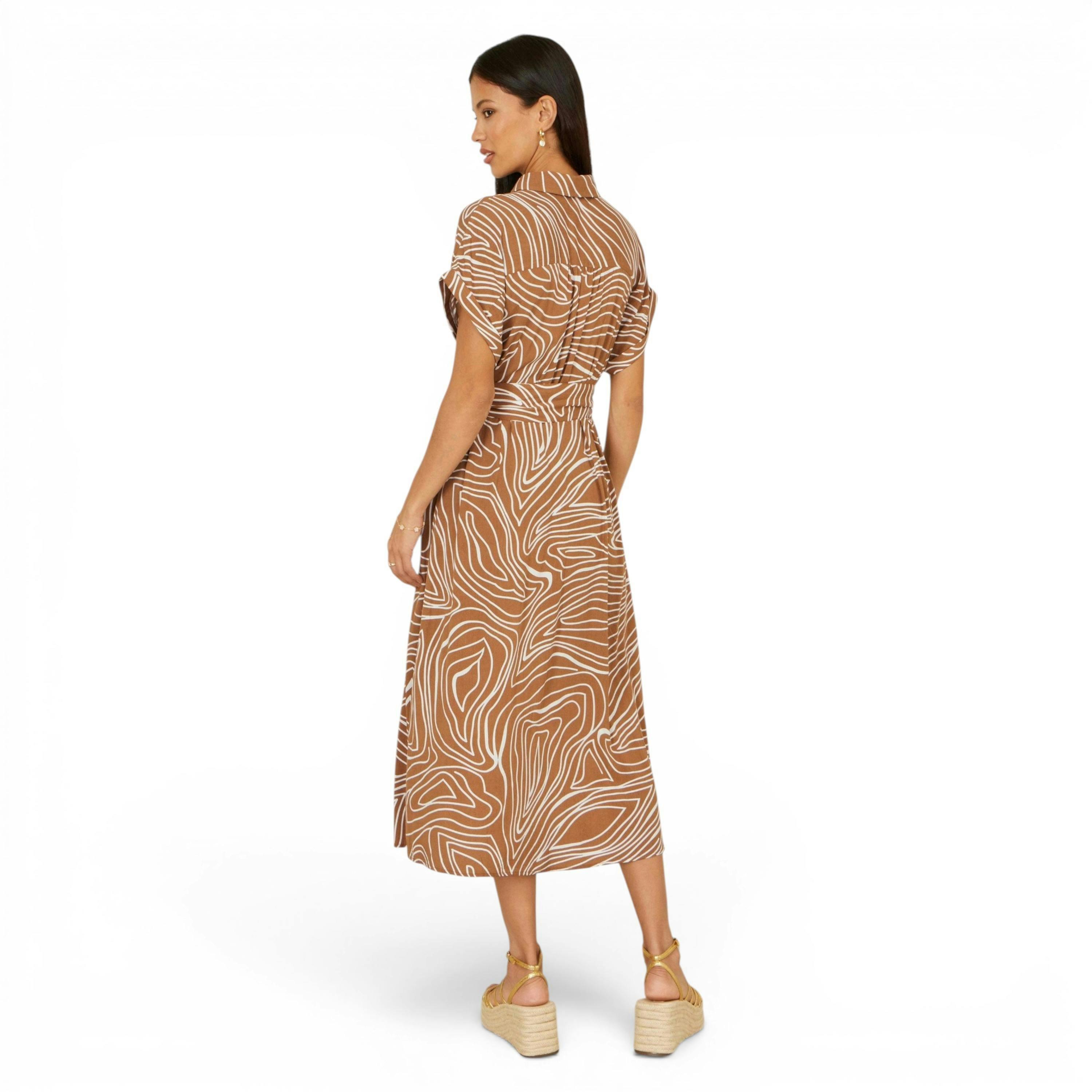 Yumi Brown Abstract Swirl Print Relaxed Midi Shirt Dress With Belt , view 4 of 6
