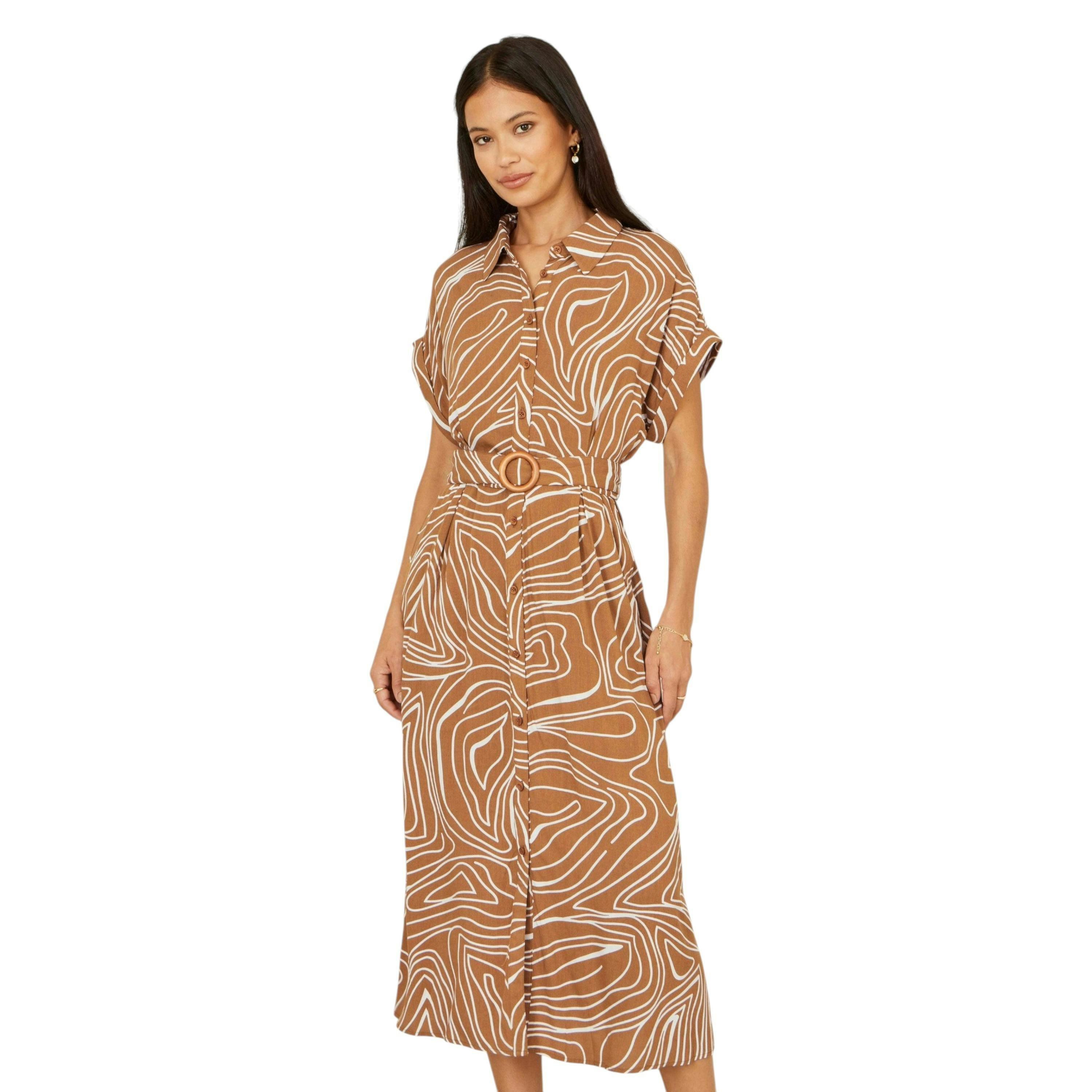 Yumi Brown Abstract Swirl Print Relaxed Midi Shirt Dress With Belt , view 5 of 6