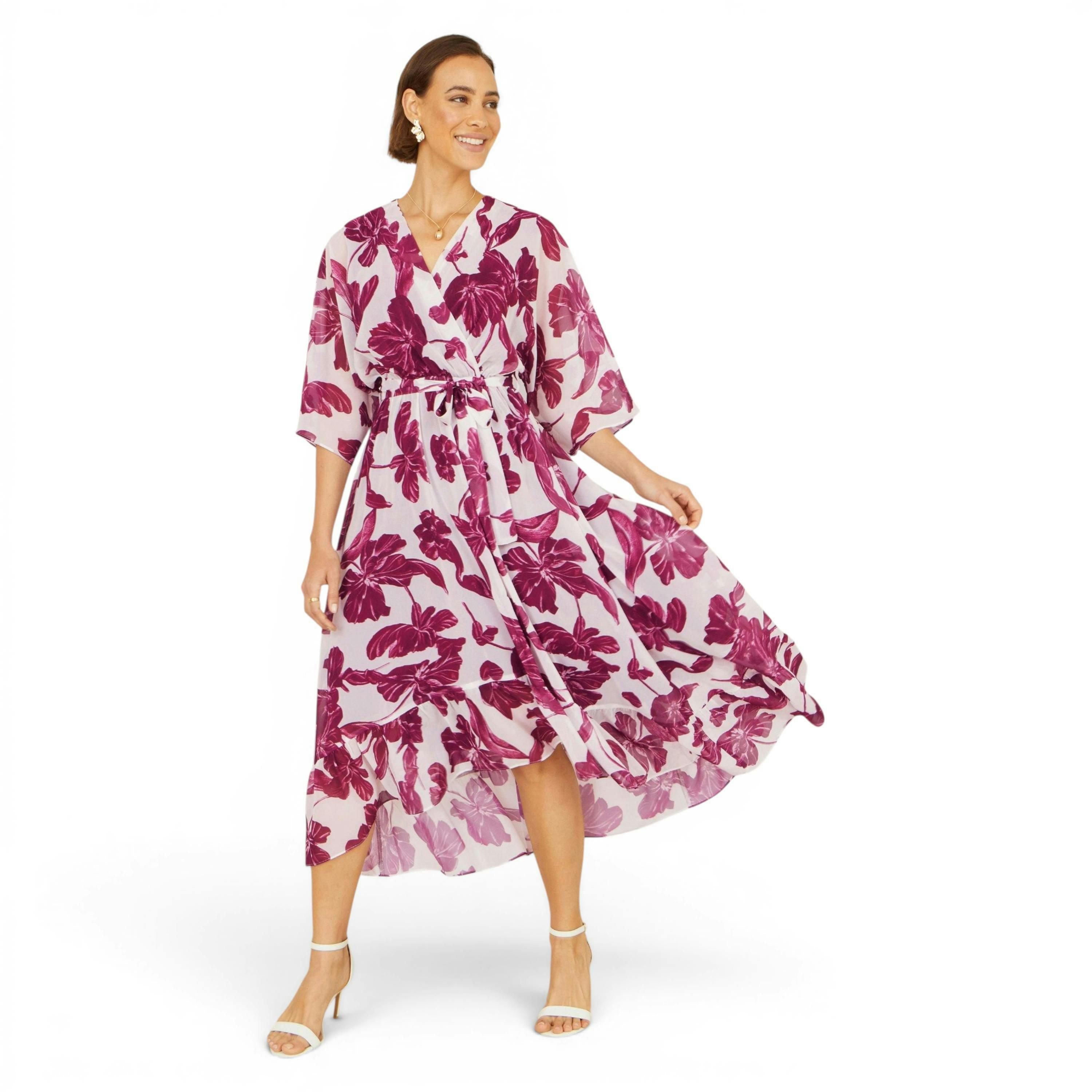Yumi Pink Kimono Sleeves Midi Dip Hem Wrap Midi Dress , view 1 of 6