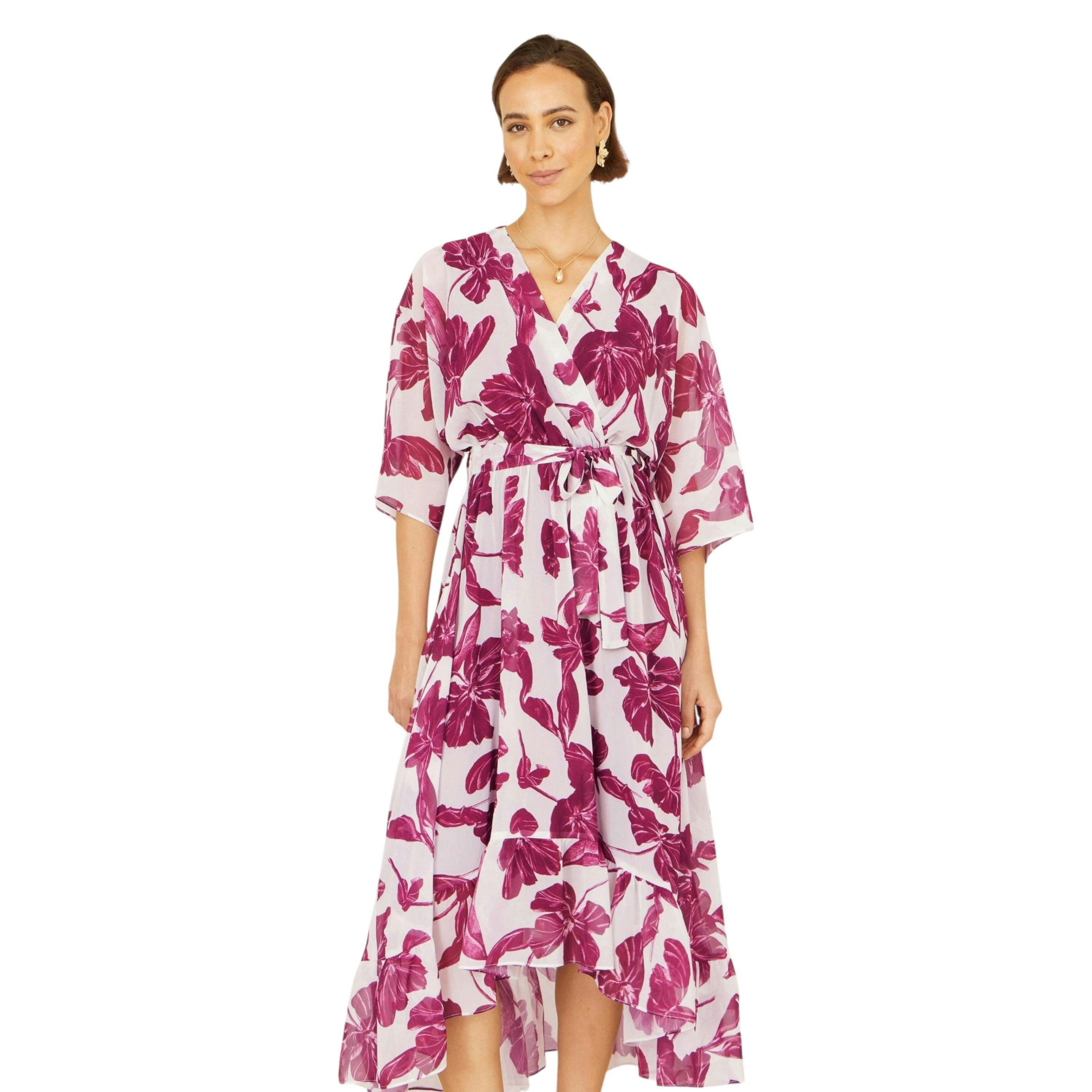 Yumi Pink Kimono Sleeves Midi Dip Hem Wrap Midi Dress , view 2 of 6