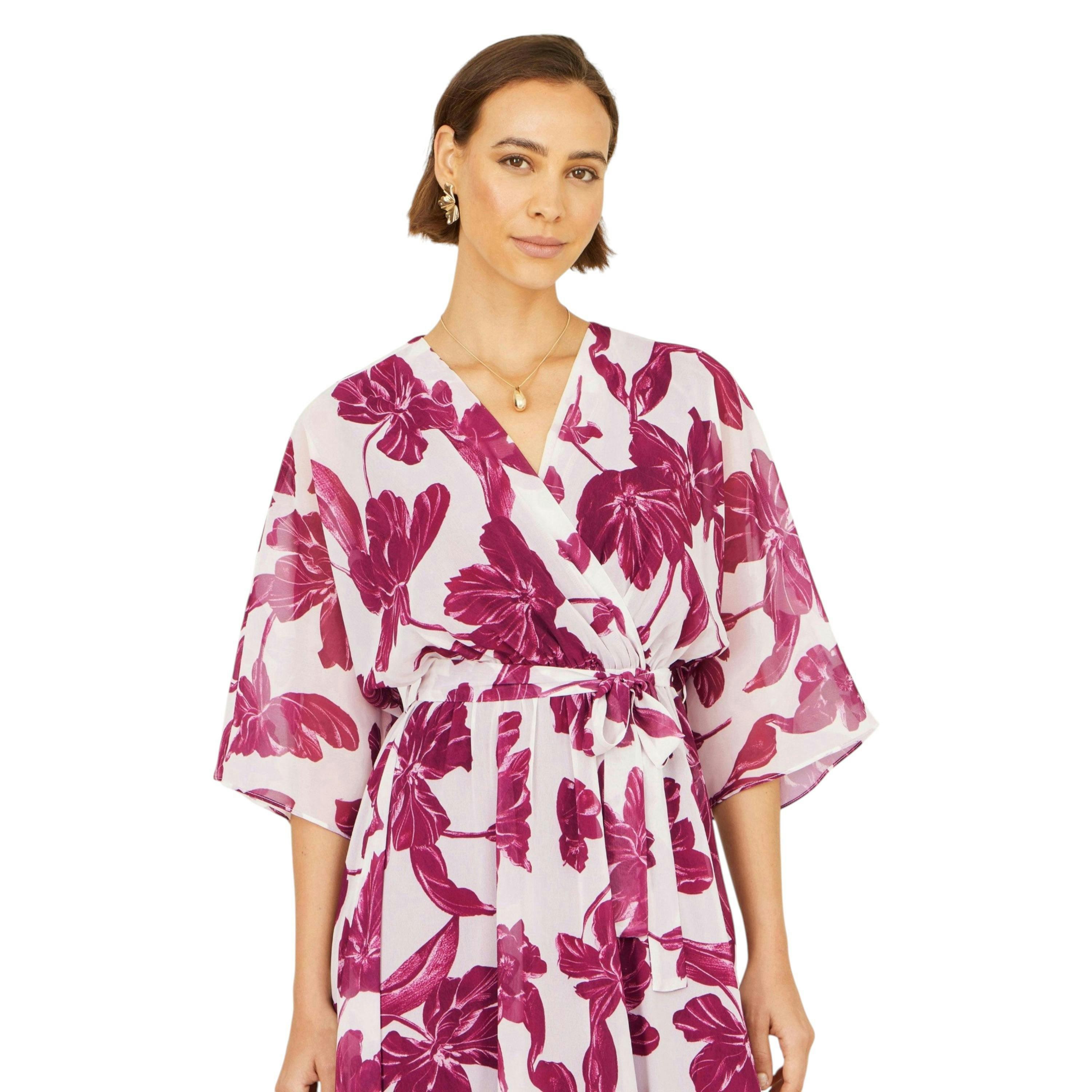 Yumi Pink Kimono Sleeves Midi Dip Hem Wrap Midi Dress , view 3 of 6