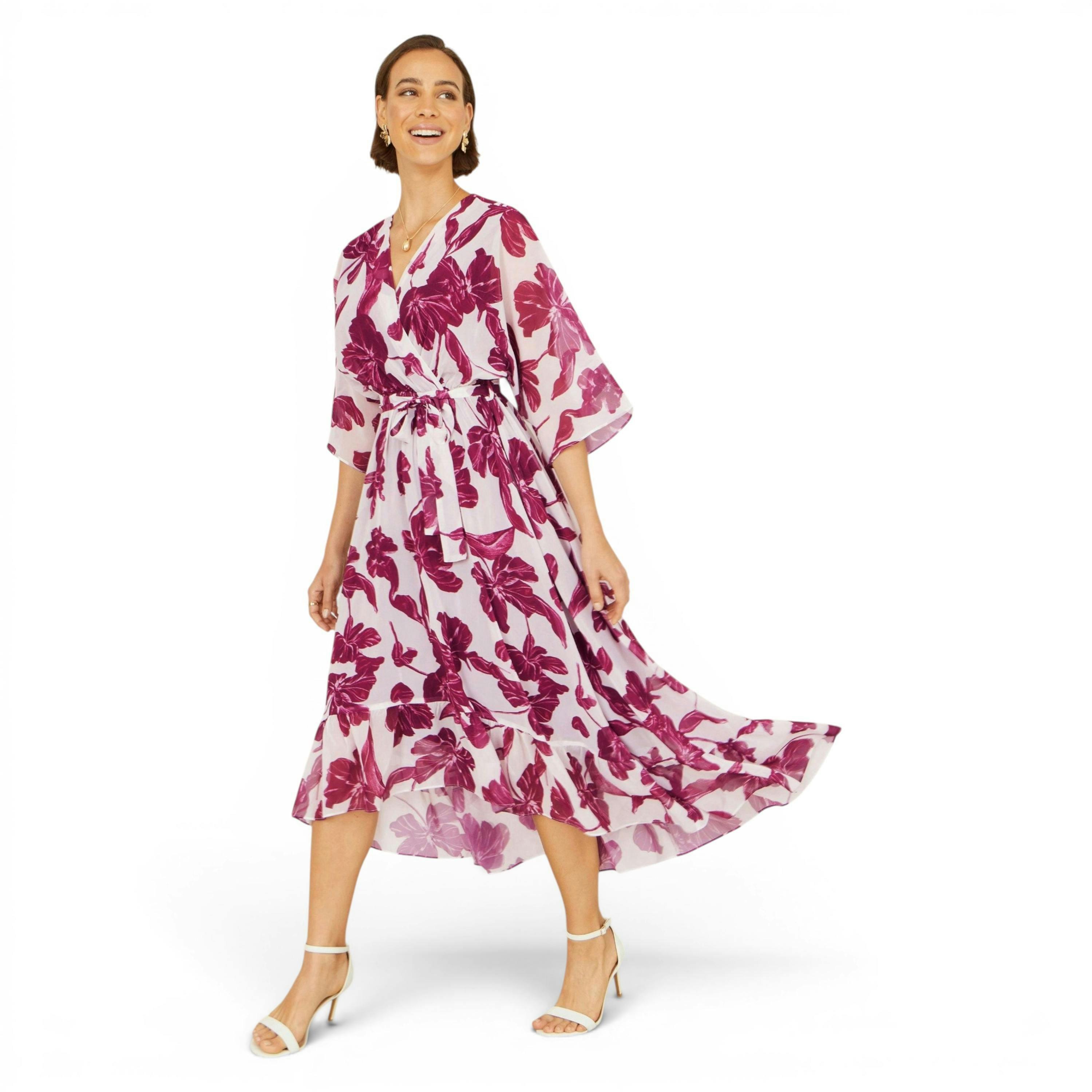 Yumi Pink Kimono Sleeves Midi Dip Hem Wrap Midi Dress , view 4 of 6