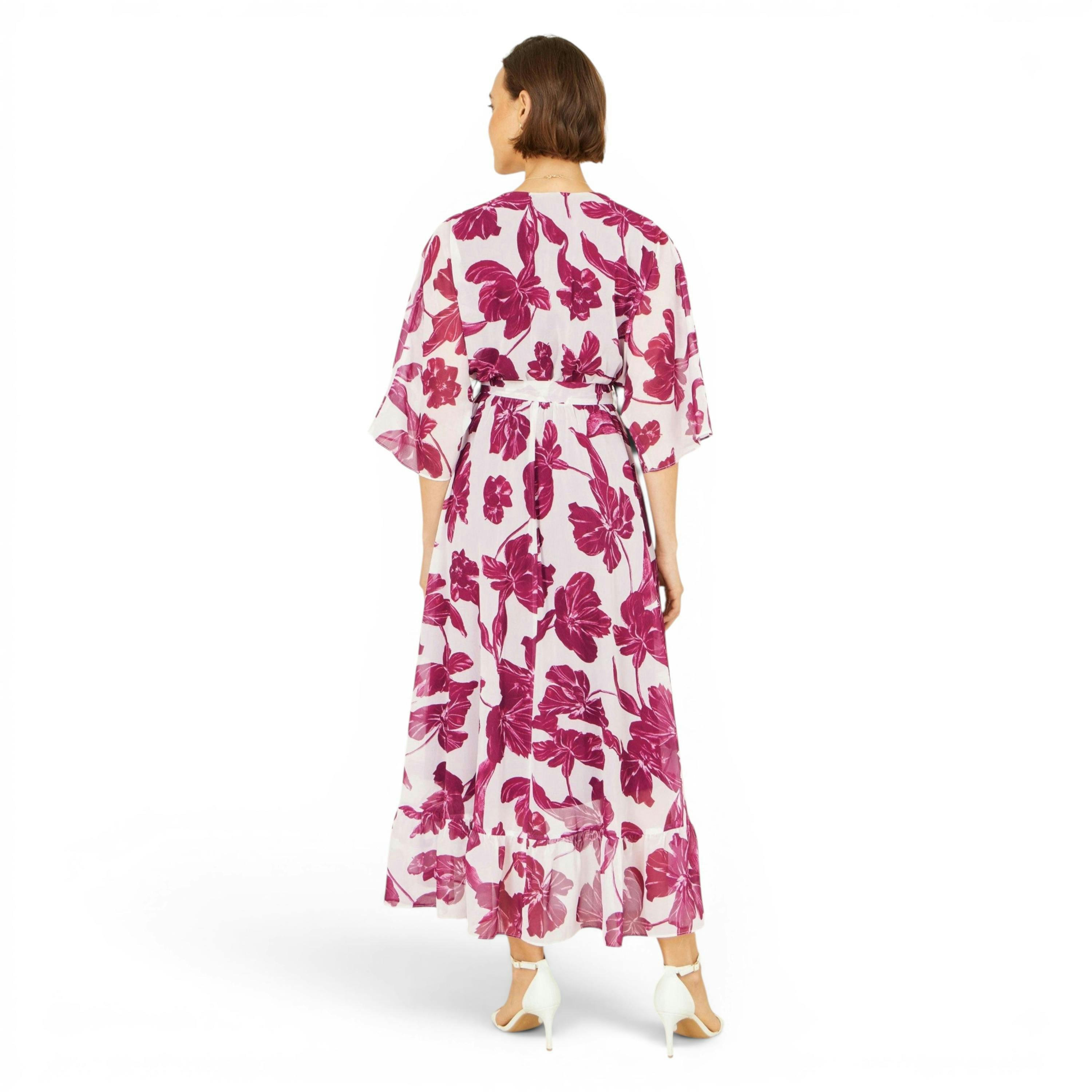 Yumi Pink Kimono Sleeves Midi Dip Hem Wrap Midi Dress , view 5 of 6