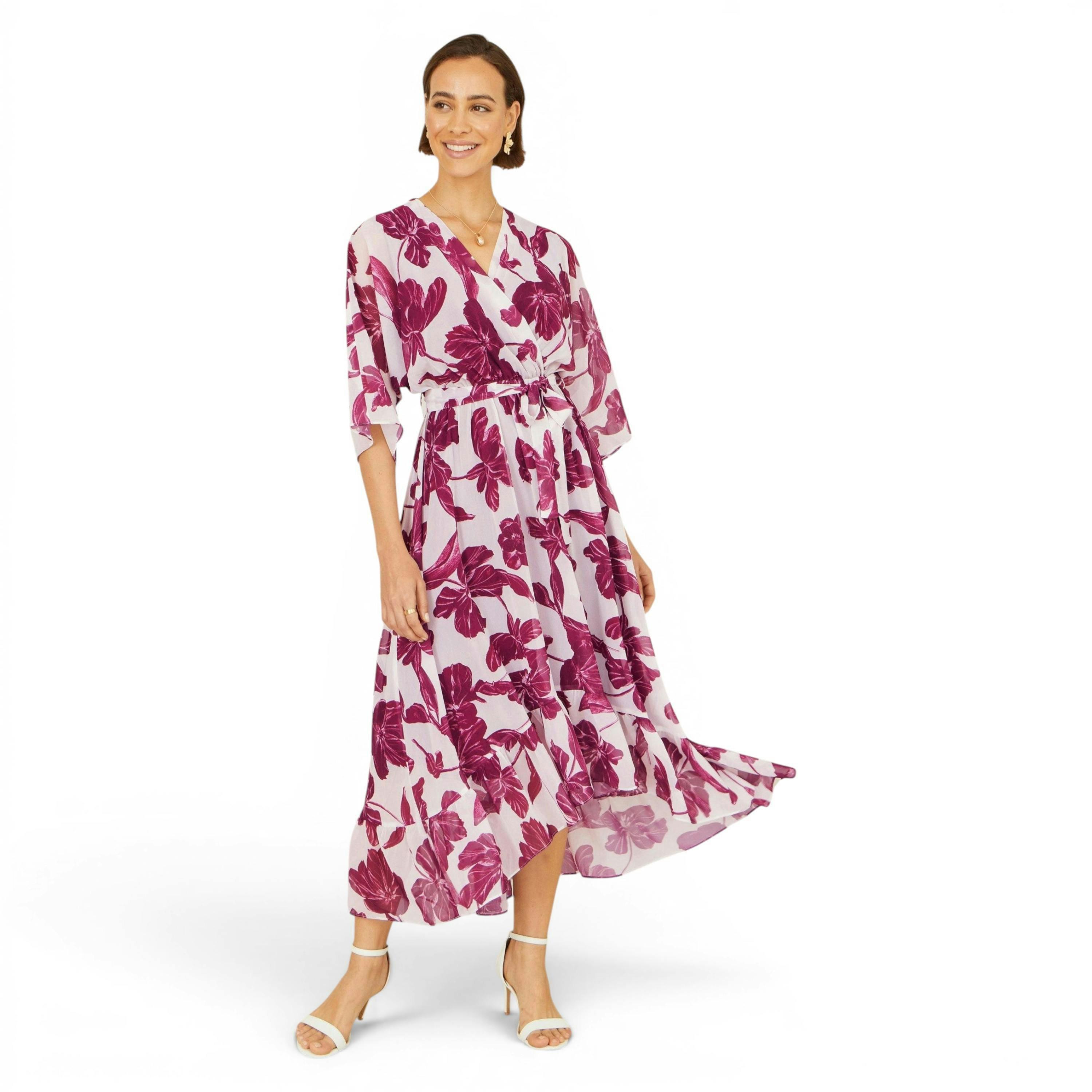 Yumi Pink Kimono Sleeves Midi Dip Hem Wrap Midi Dress , view 6 of 6