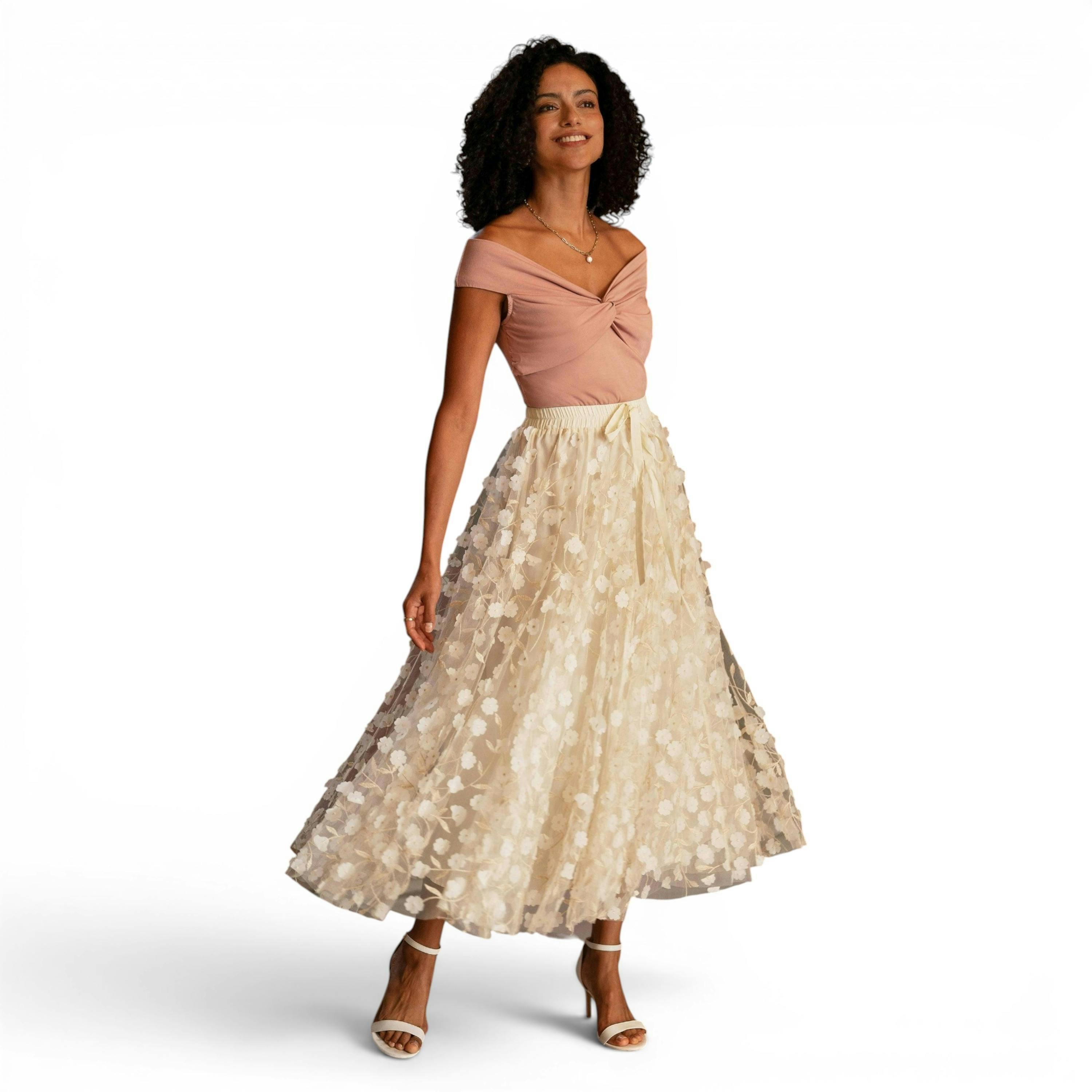Yumi Ivory Mesh Floral Applique Midi Skirt , view 1 of 6