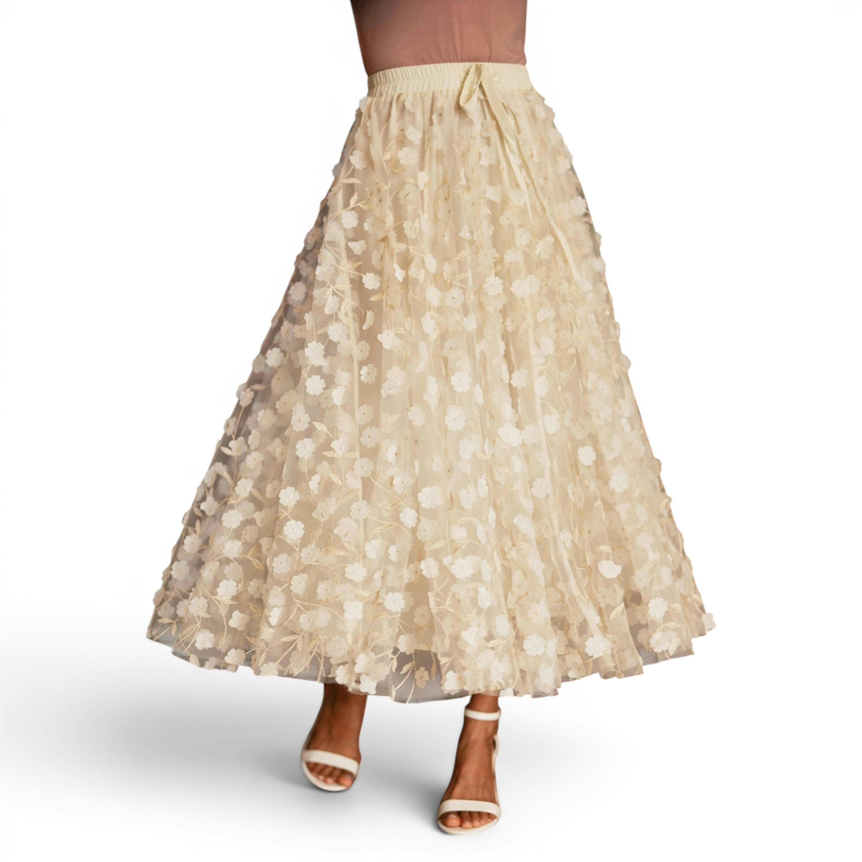 Yumi Ivory Mesh Floral Applique Midi Skirt , view 2 of 6