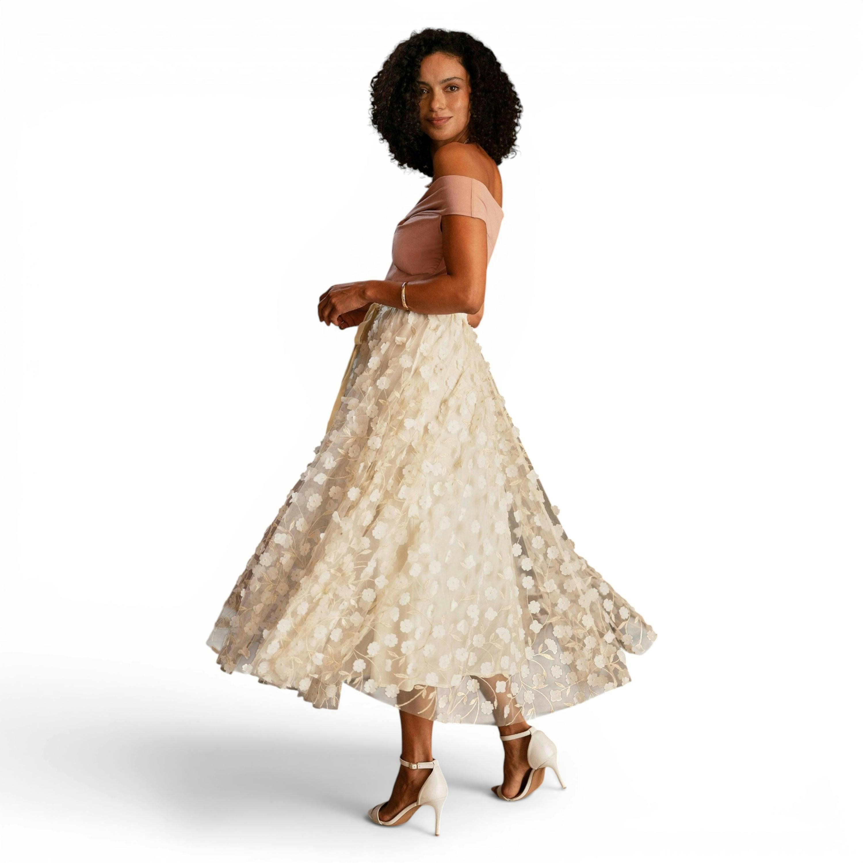 Yumi Ivory Mesh Floral Applique Midi Skirt , view 3 of 6