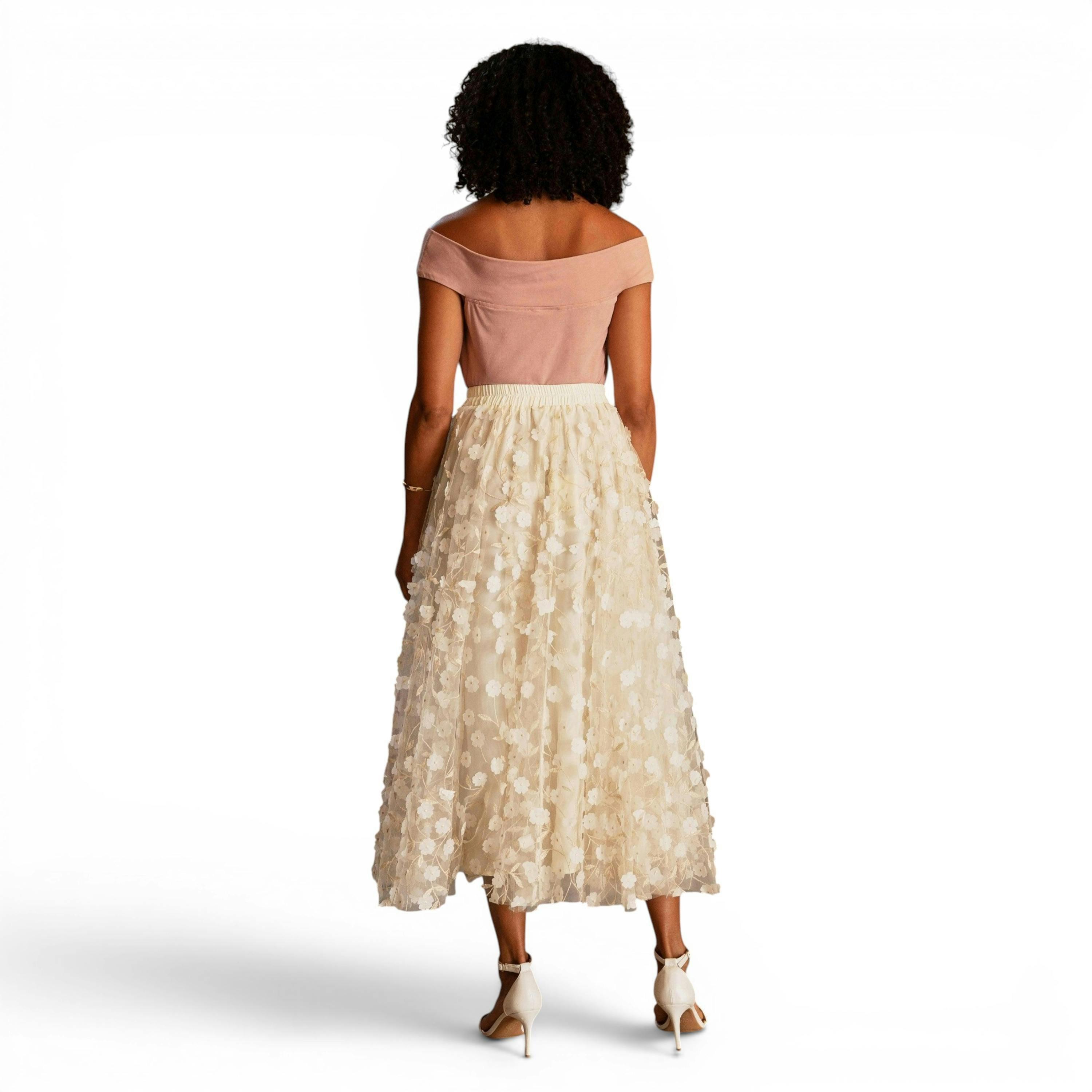 Yumi Ivory Mesh Floral Applique Midi Skirt , view 4 of 6