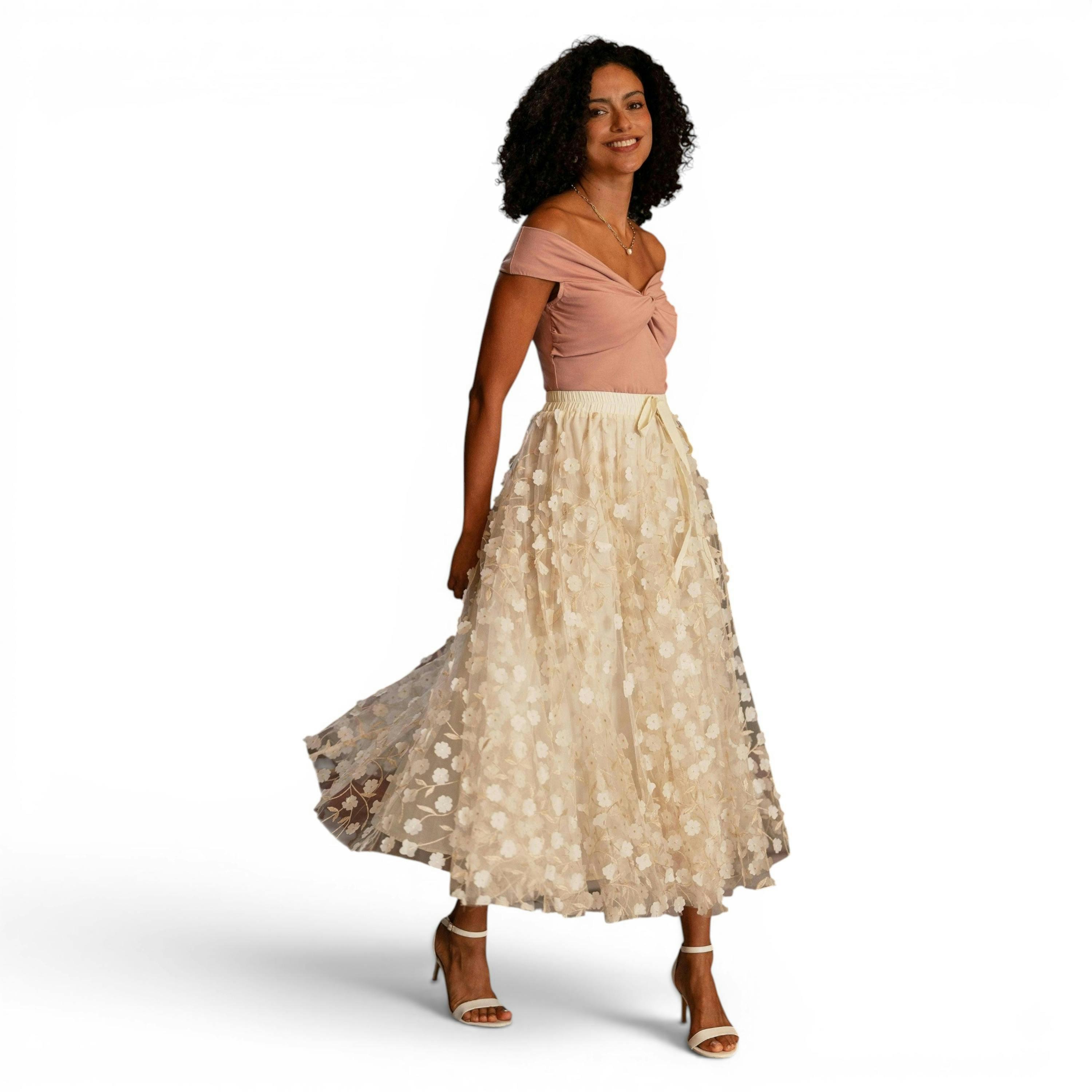 Yumi Ivory Mesh Floral Applique Midi Skirt , view 5 of 6