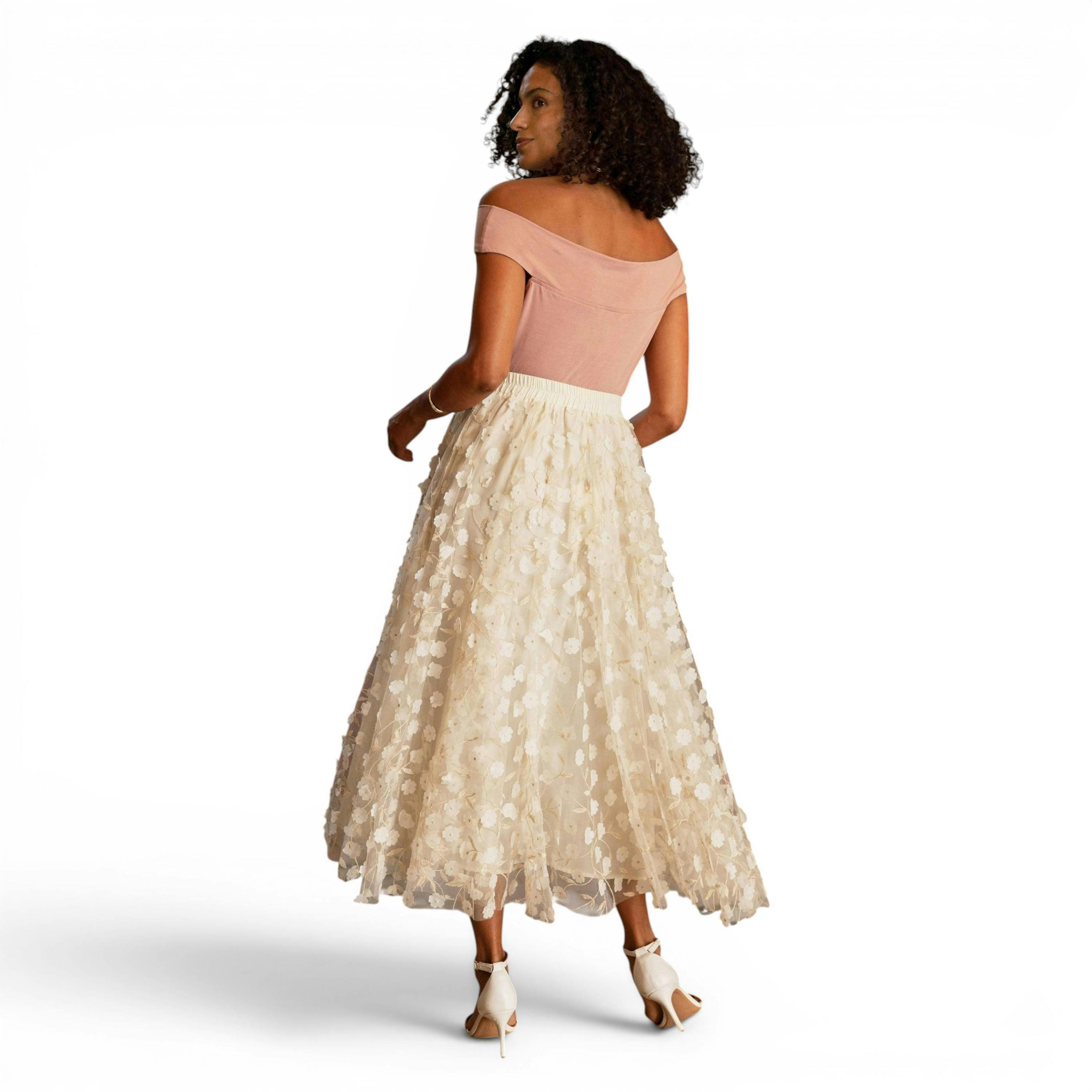 Yumi Ivory Mesh Floral Applique Midi Skirt , view 6 of 6