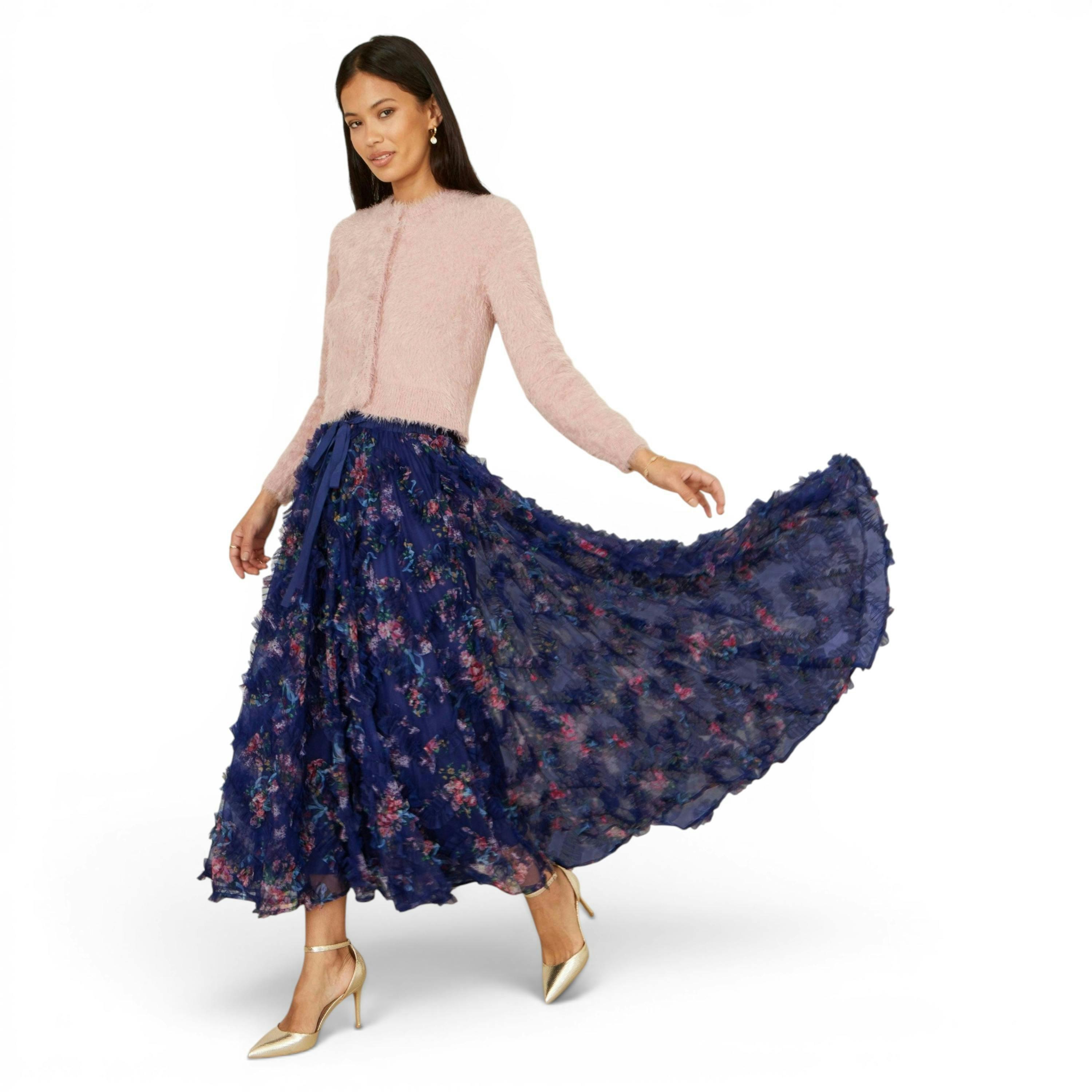 Yumi Navy Floral Ruffle Mesh Midi Skirt , view 1 of 6