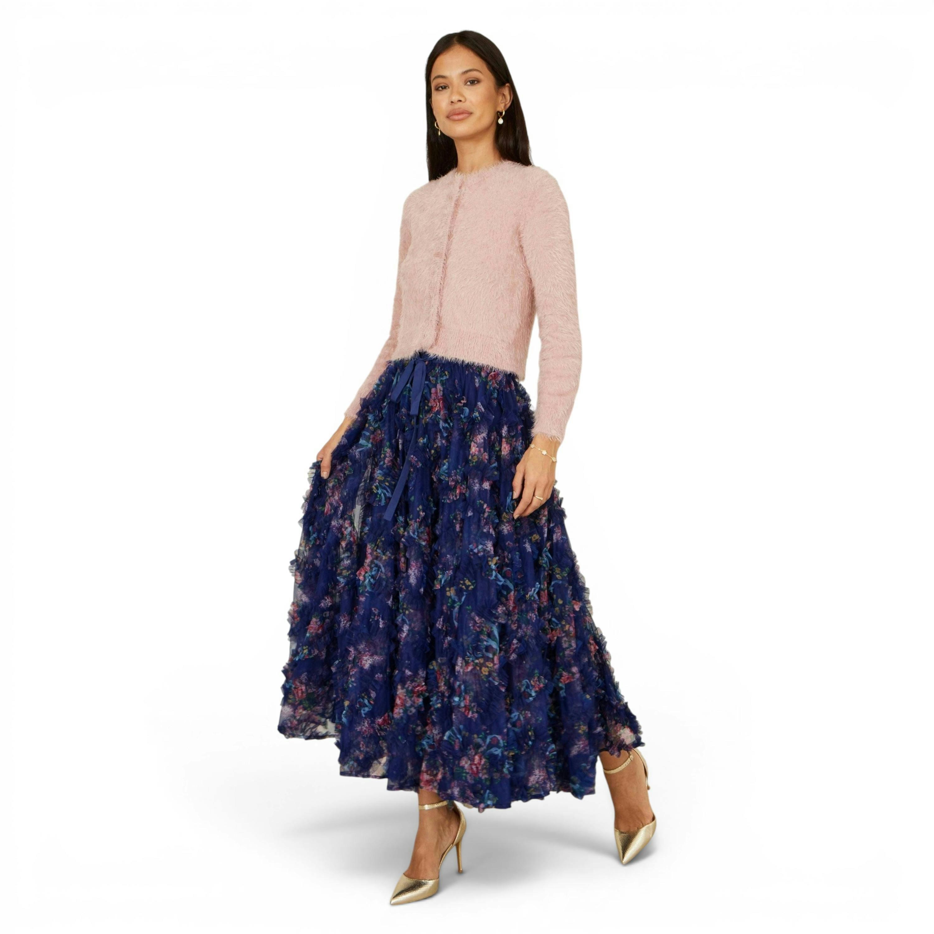 Yumi Navy Floral Ruffle Mesh Midi Skirt , view 2 of 6