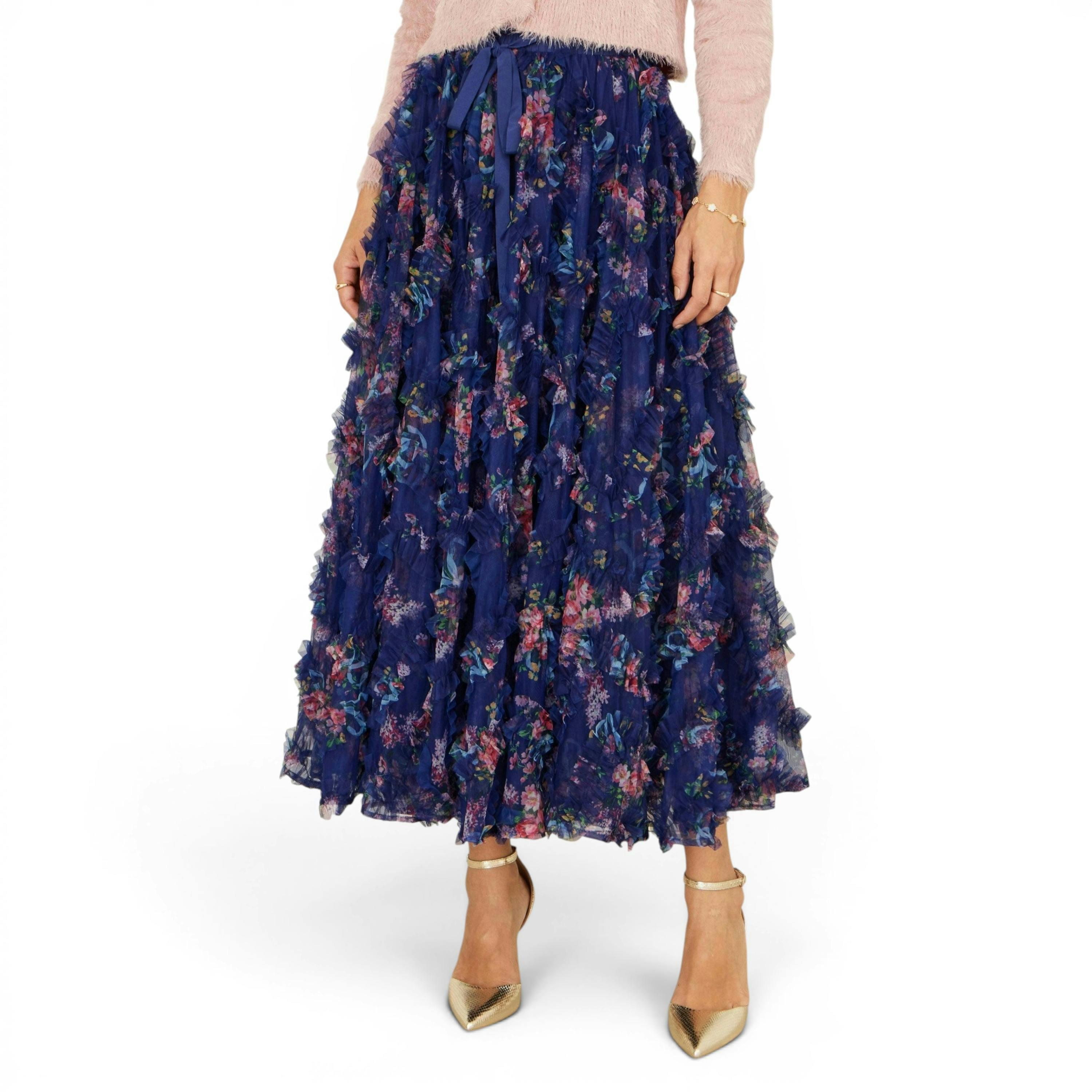 Yumi Navy Floral Ruffle Mesh Midi Skirt , view 3 of 6