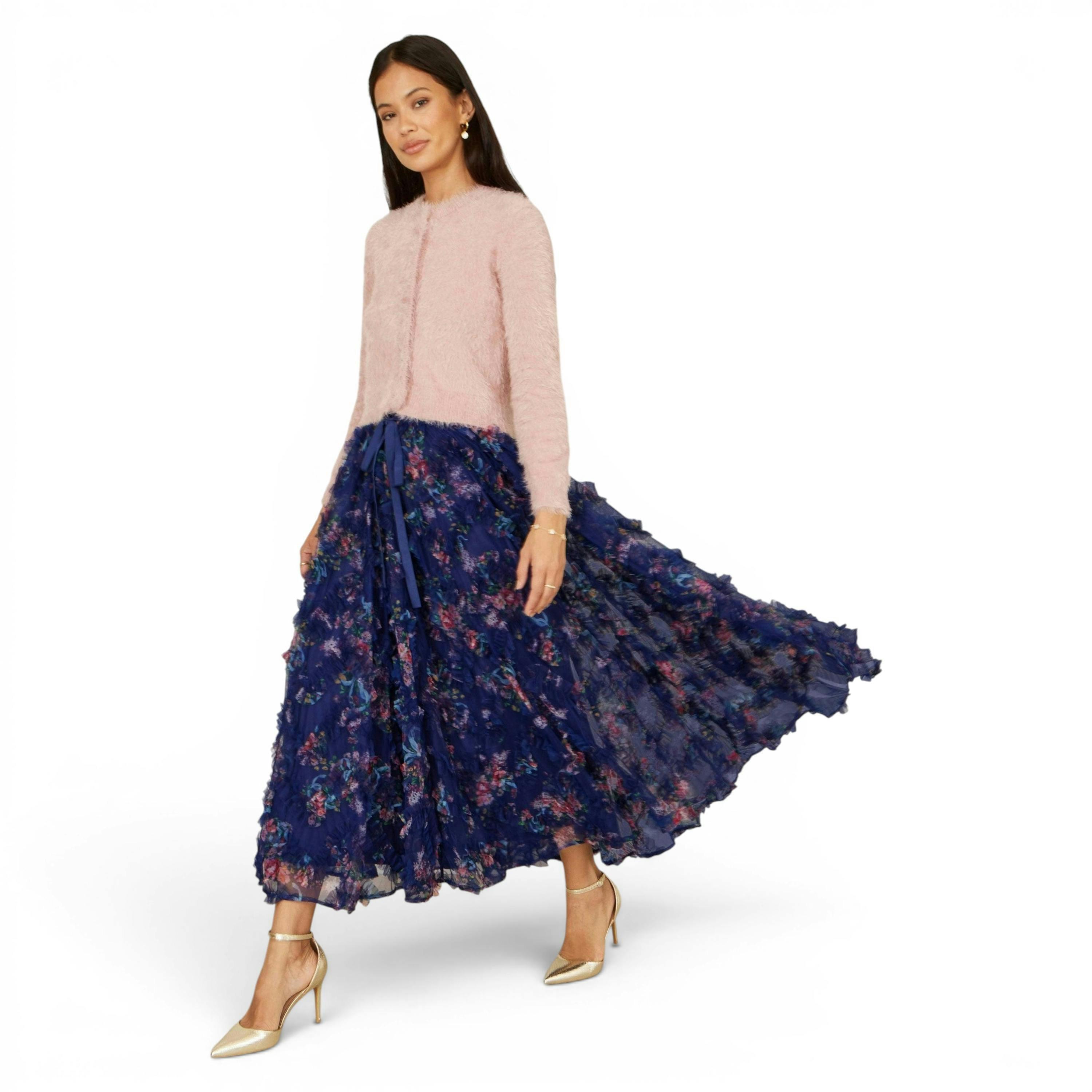 Yumi Navy Floral Ruffle Mesh Midi Skirt , view 4 of 6