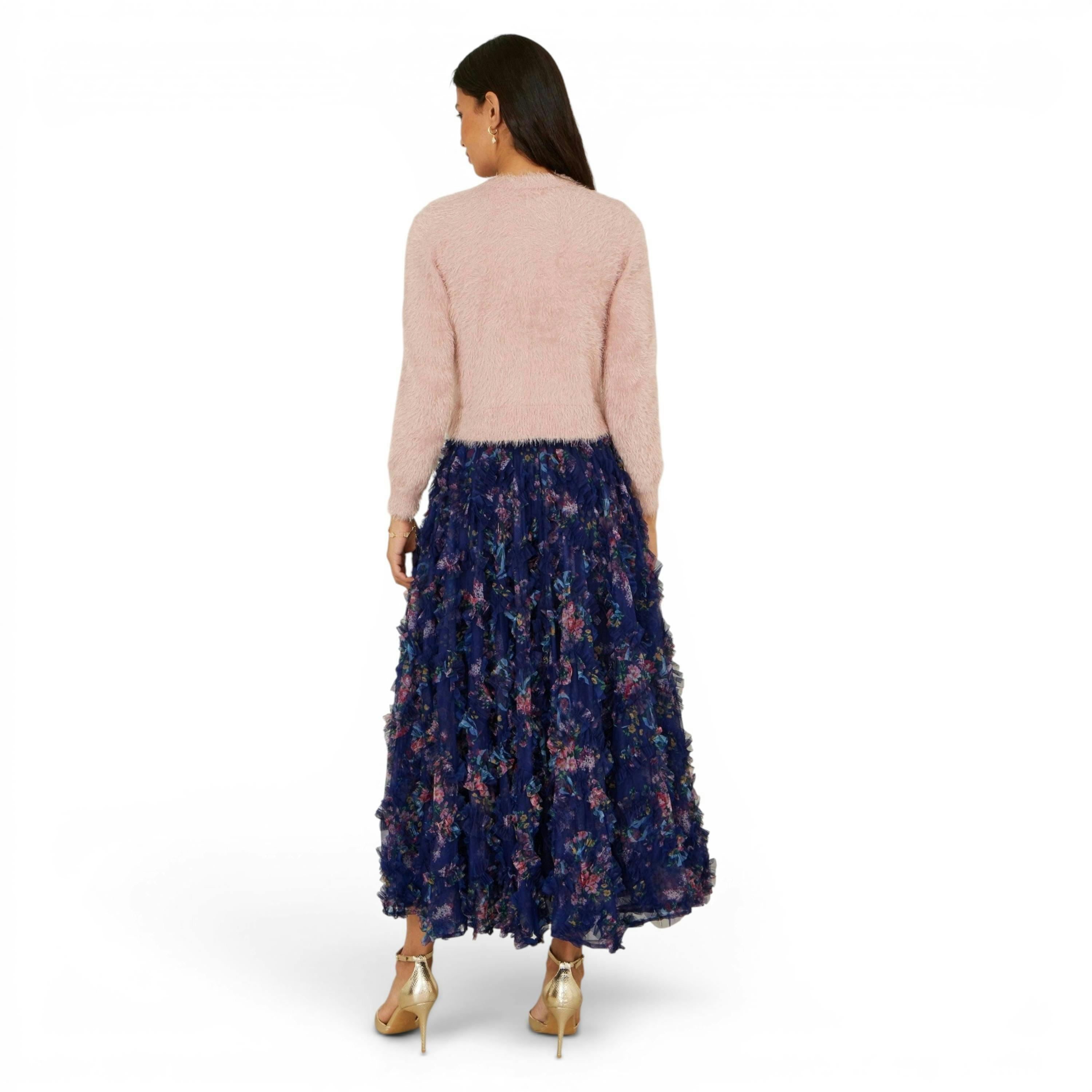 Yumi Navy Floral Ruffle Mesh Midi Skirt , view 5 of 6