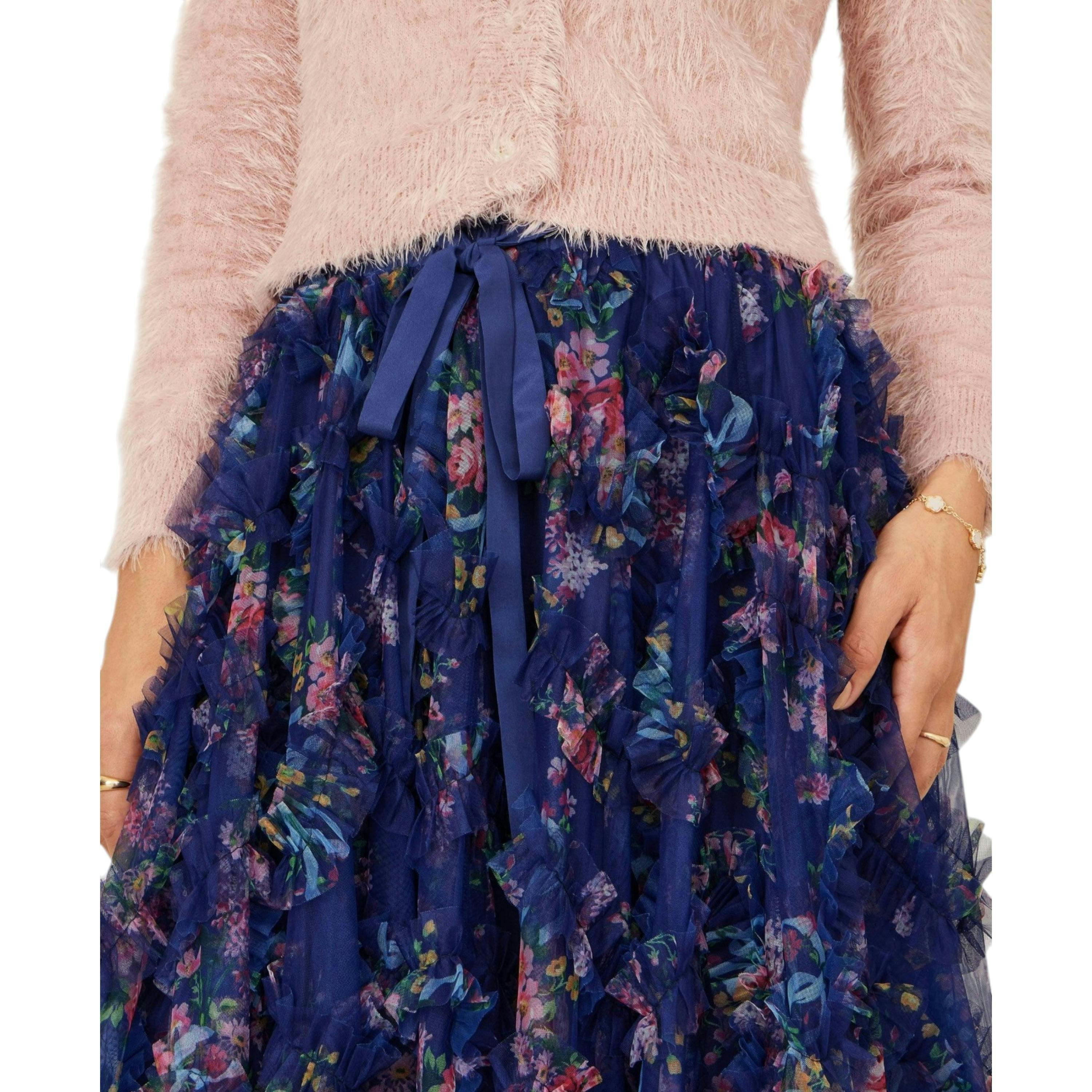 Yumi Navy Floral Ruffle Mesh Midi Skirt , view 6 of 6