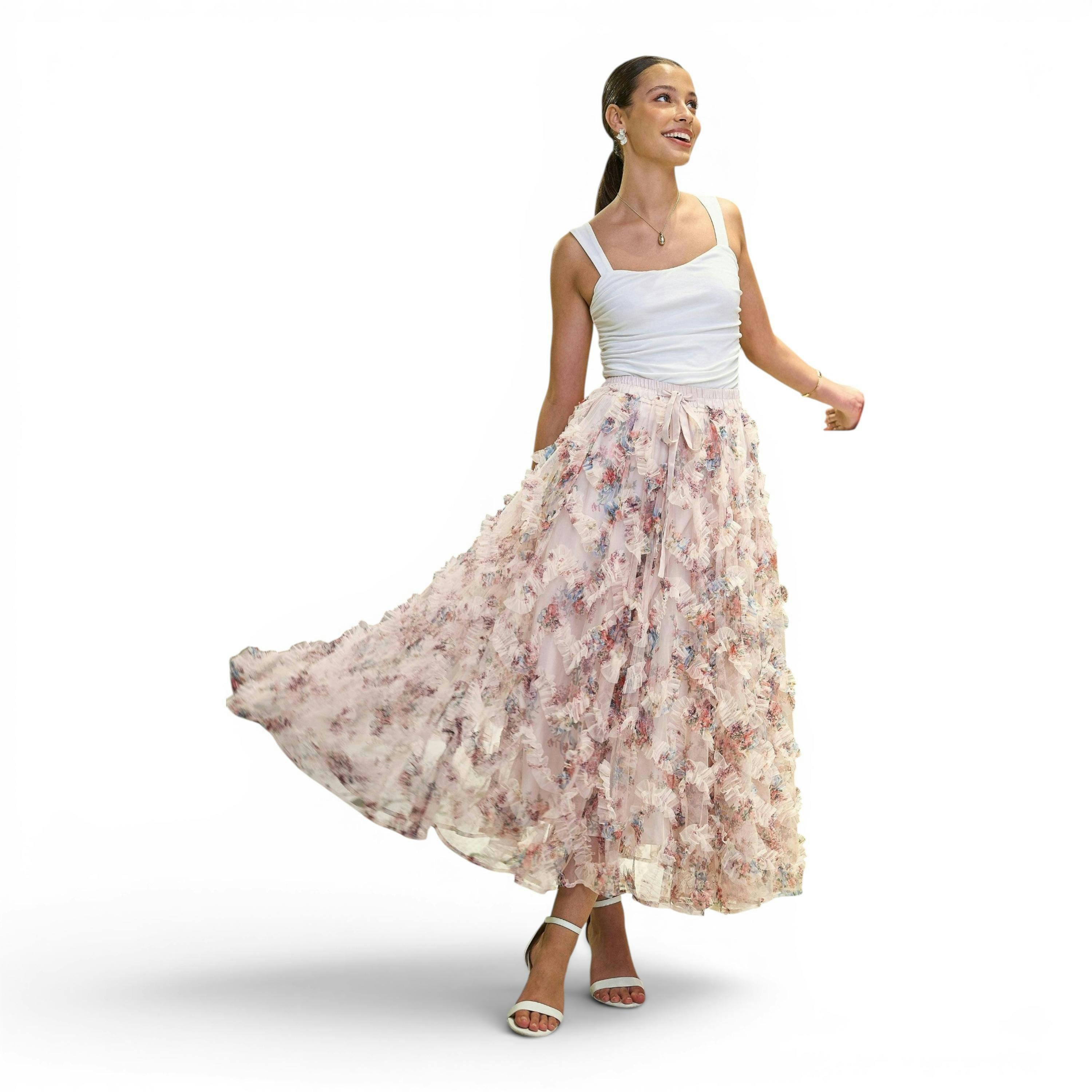 Yumi Ivory Floral Ruffle Mesh Midi Skirt , view 1 of 6