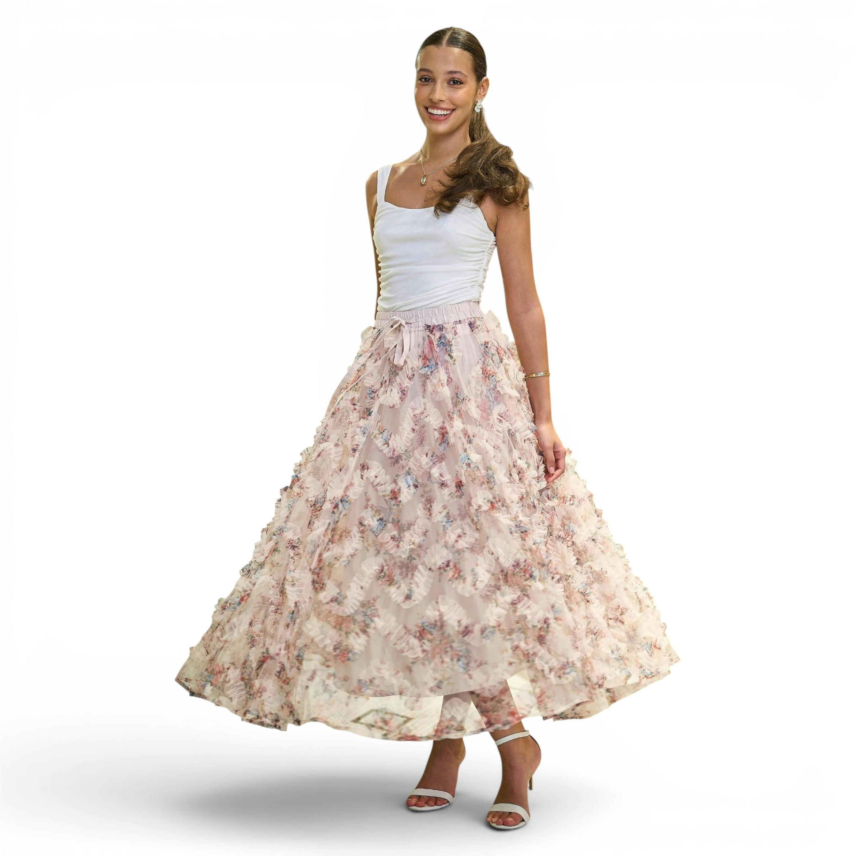 Yumi Ivory Floral Ruffle Mesh Midi Skirt , view 2 of 6