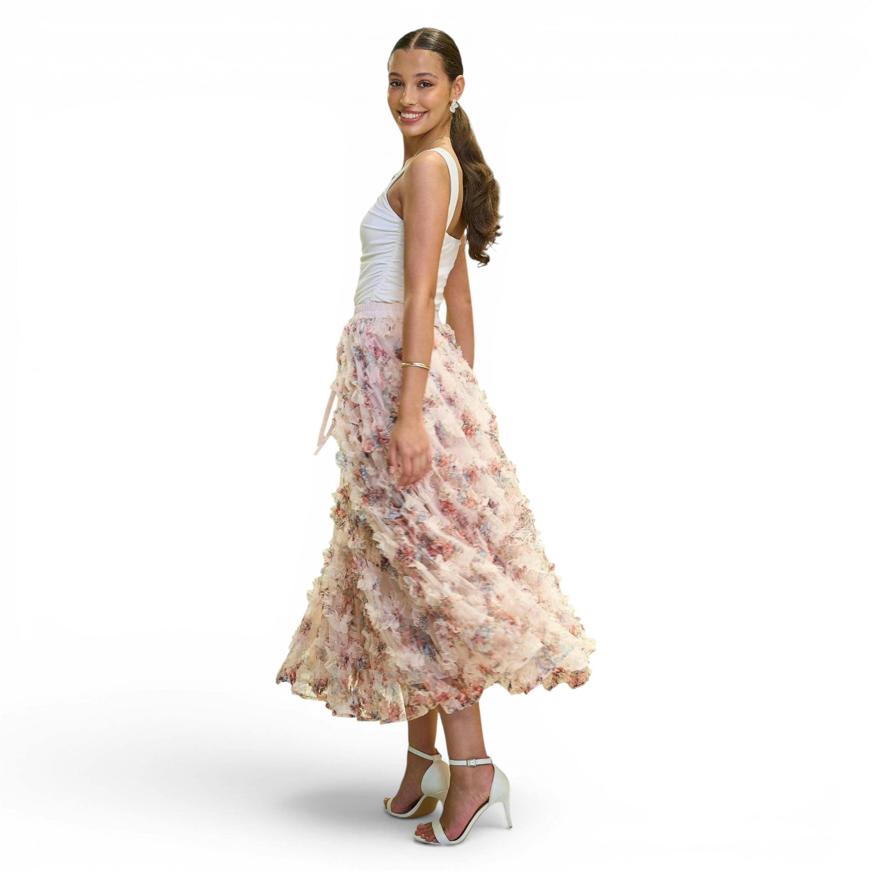 Yumi Ivory Floral Ruffle Mesh Midi Skirt , view 3 of 6